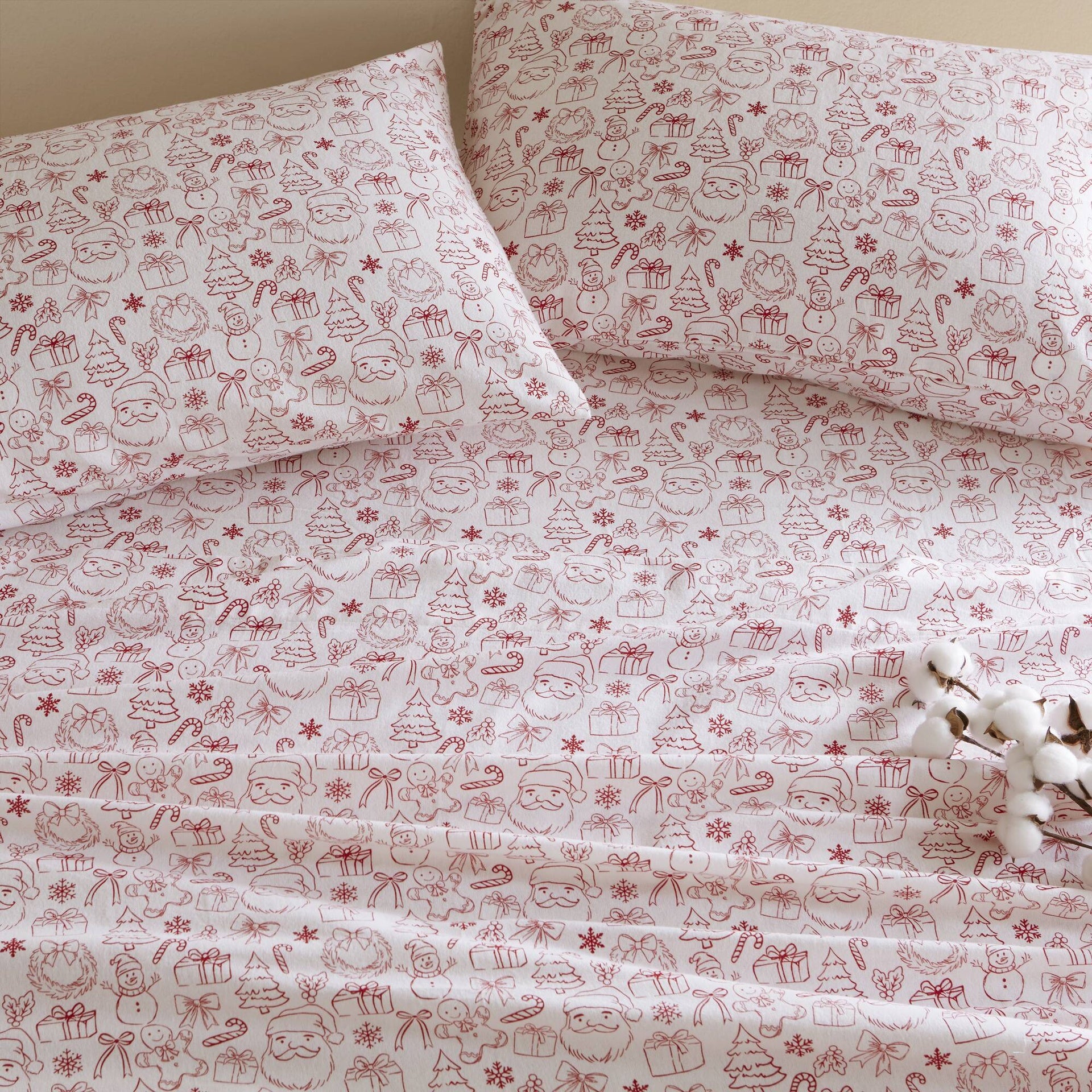 3-Piece Twin 100% Cotton Flannel Pigment Printed Sheet Set,Holiday Doodles