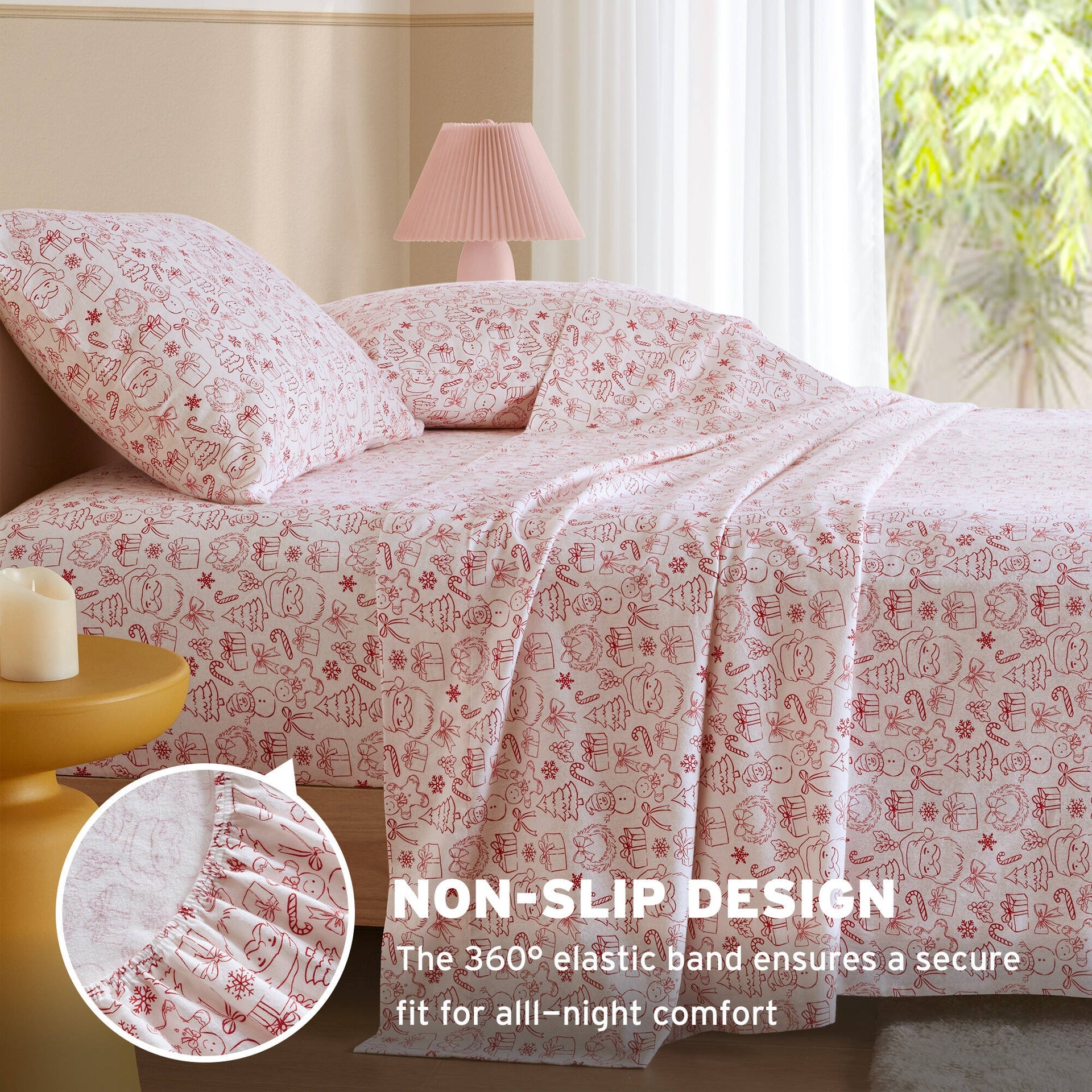 3-Piece Twin 100% Cotton Flannel Pigment Printed Sheet Set,Holiday Doodles