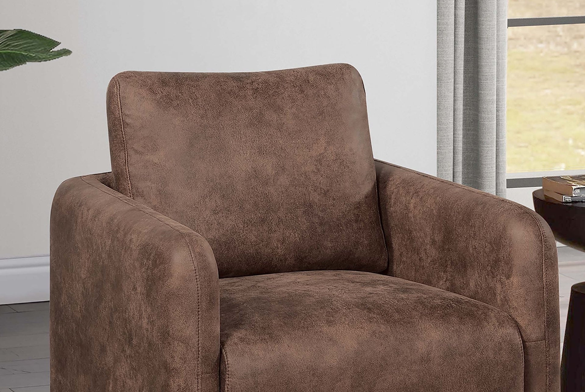 Gorgeous Walnut Color Leather Like Fabric 1pc Swivel Accent Chair Upholstered Living Room Chair Wooden Base