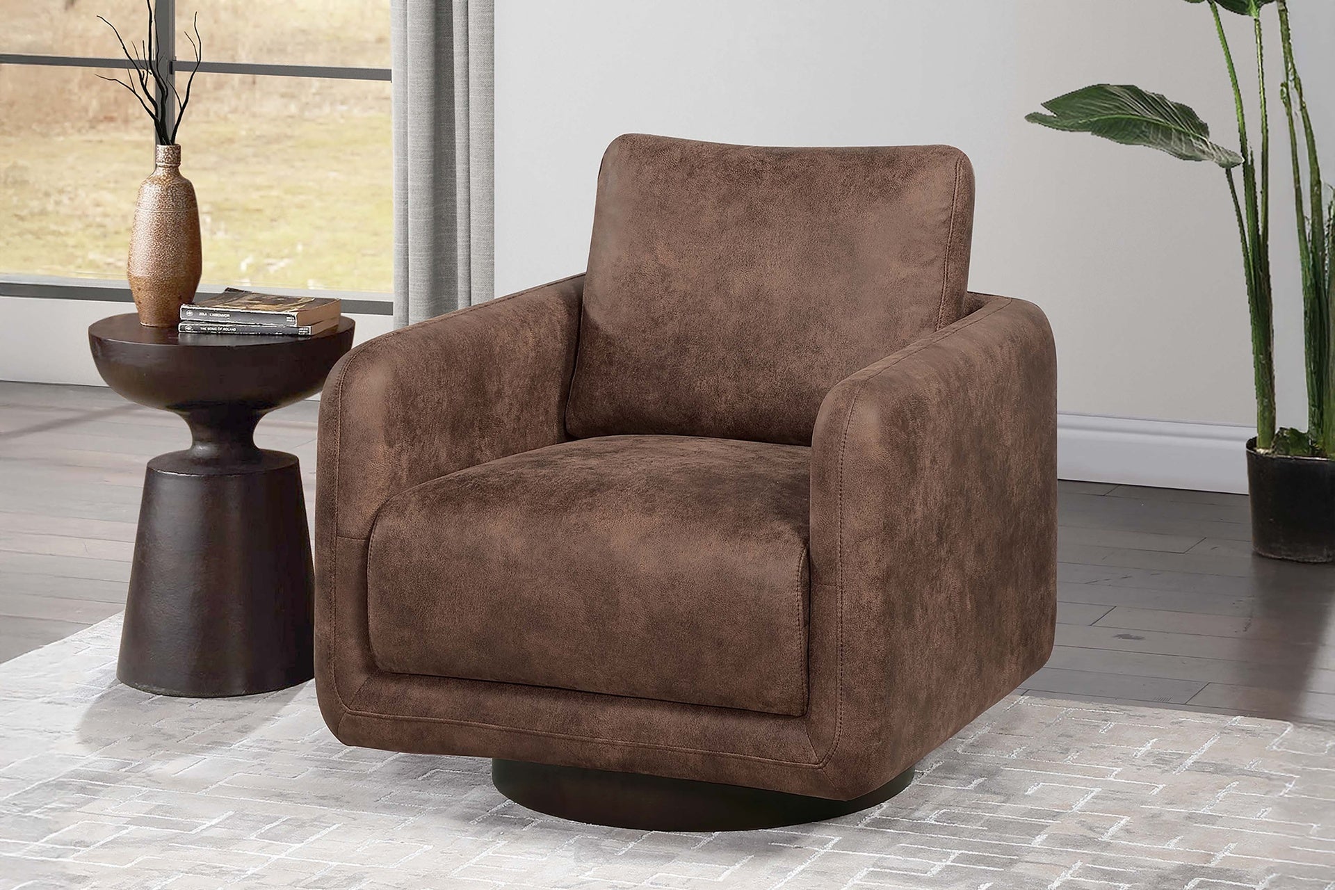 Gorgeous Walnut Color Leather Like Fabric 1pc Swivel Accent Chair Upholstered Living Room Chair Wooden Base