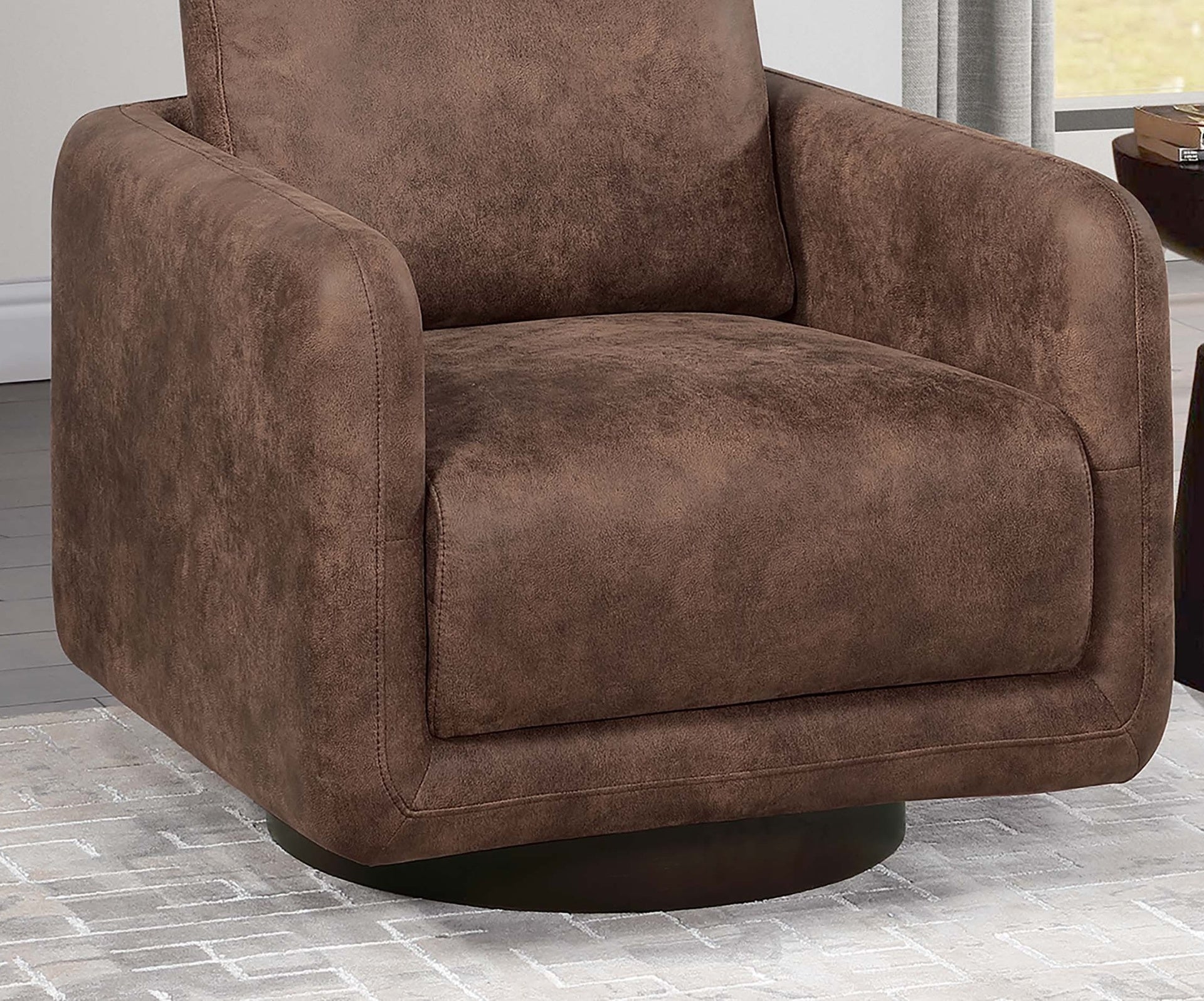 Gorgeous Walnut Color Leather Like Fabric 1pc Swivel Accent Chair Upholstered Living Room Chair Wooden Base