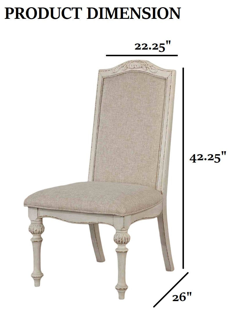 Rustic Style 2pc Side Chair Upholstered Seat Intricate Wood Inlay Detail Antique White Finish Dining Room