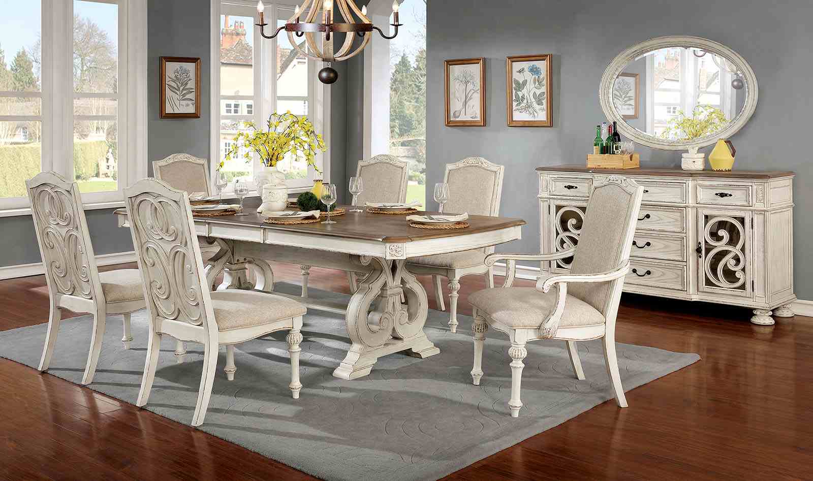 Rustic Style 2pc Side Chair Upholstered Seat Intricate Wood Inlay Detail Antique White Finish Dining Room