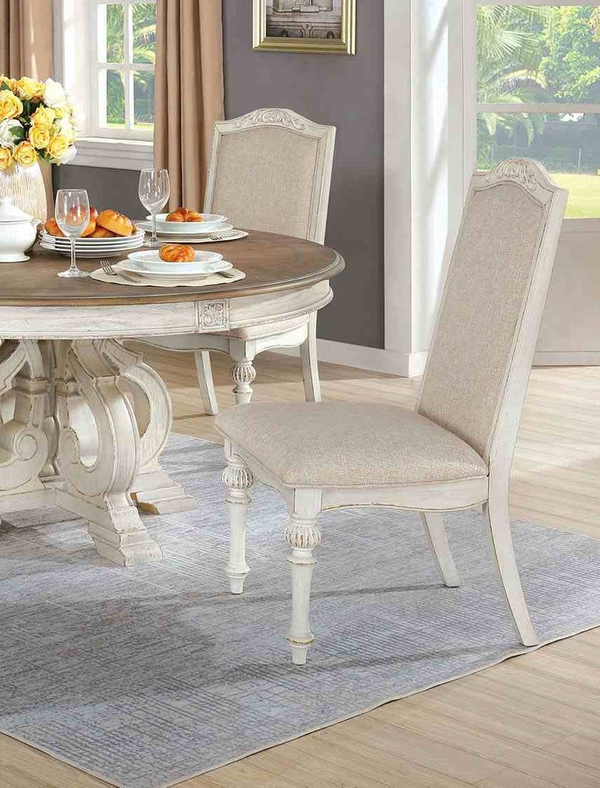 Rustic Style 2pc Side Chair Upholstered Seat Intricate Wood Inlay Detail Antique White Finish Dining Room