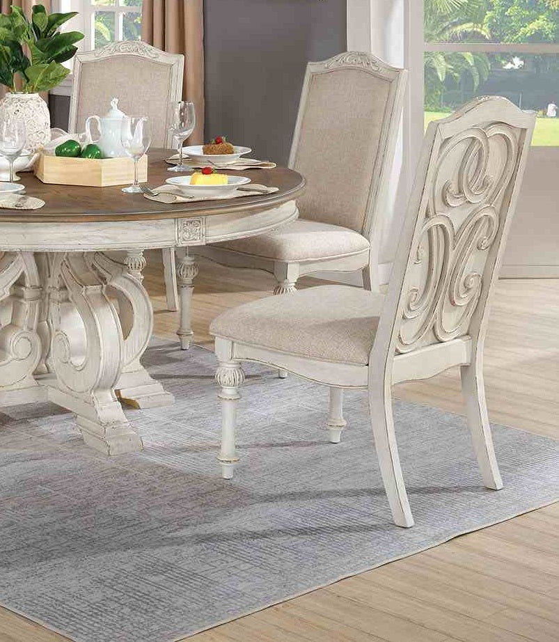 Rustic Style 2pc Side Chair Upholstered Seat Intricate Wood Inlay Detail Antique White Finish Dining Room