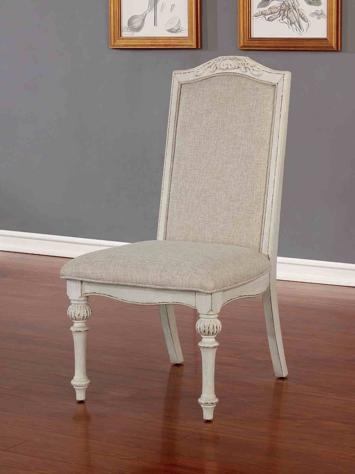 Rustic Style 2pc Side Chair Upholstered Seat Intricate Wood Inlay Detail Antique White Finish Dining Room