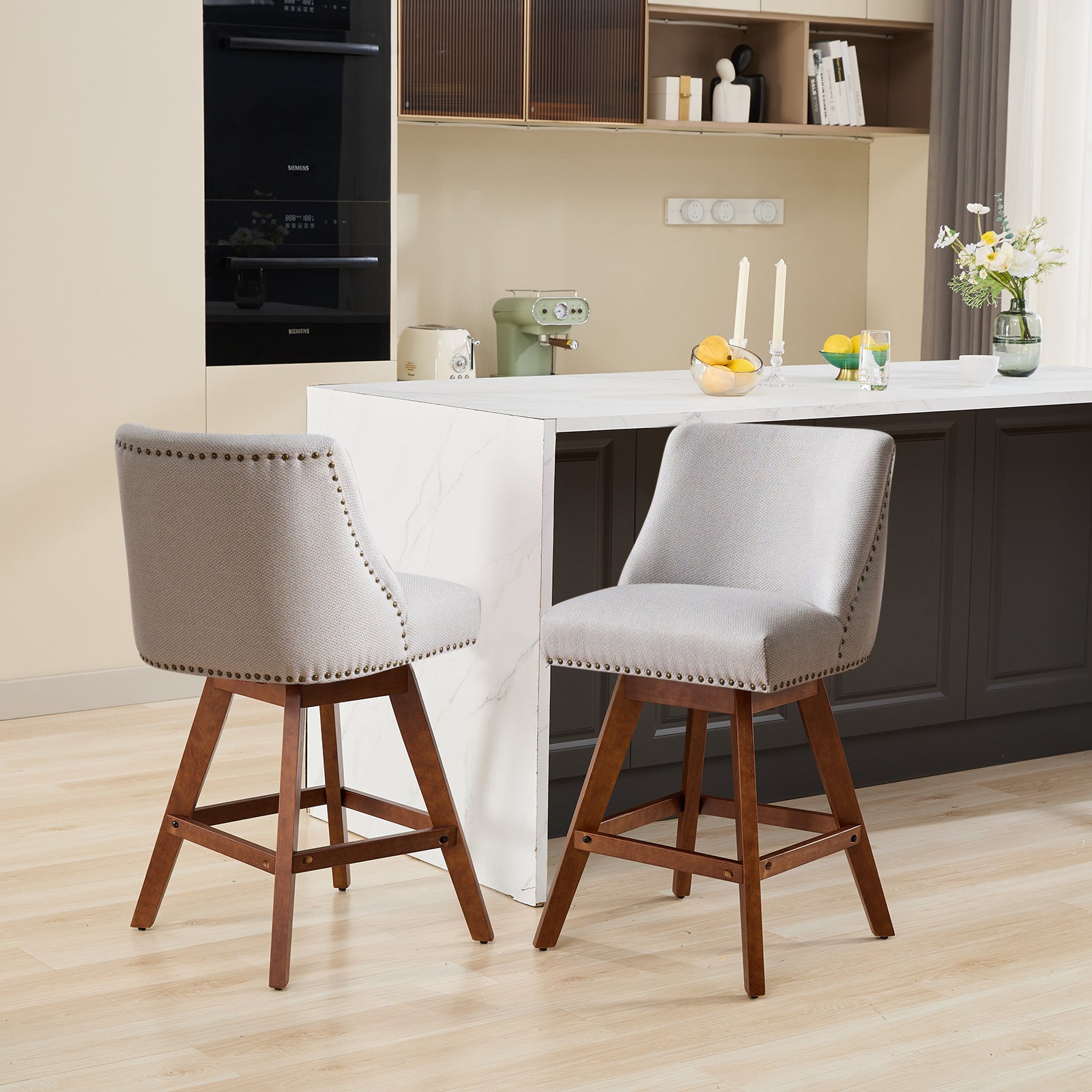 Counter Height Swivel Barstools, 26'' H Seat Height Upholstered Bar Stools Set of 2, Fabric in Ivory