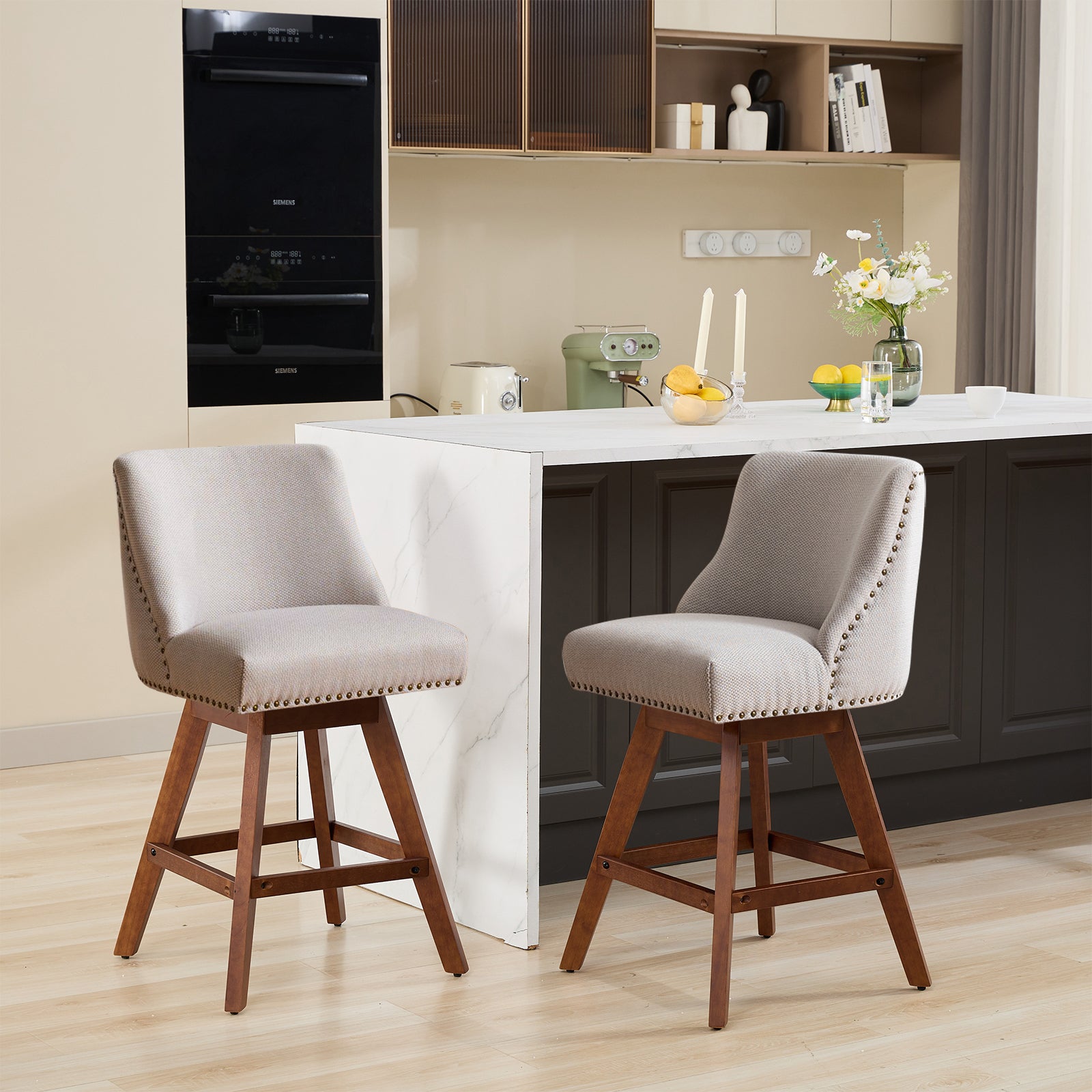 Counter Height Swivel Barstools, 26'' H Seat Height Upholstered Bar Stools Set of 2, Fabric in Ivory