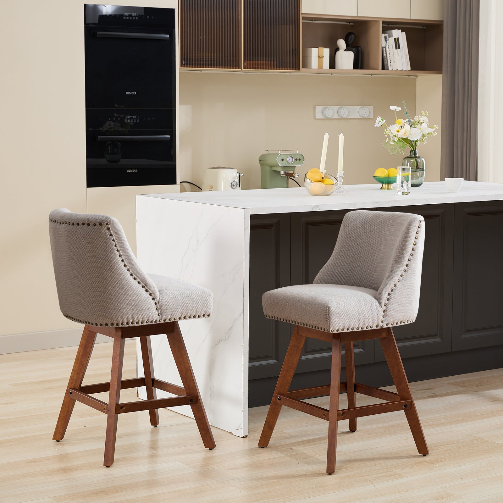 Counter Height Swivel Barstools, 26'' H Seat Height Upholstered Bar Stools Set of 2, Fabric in Ivory