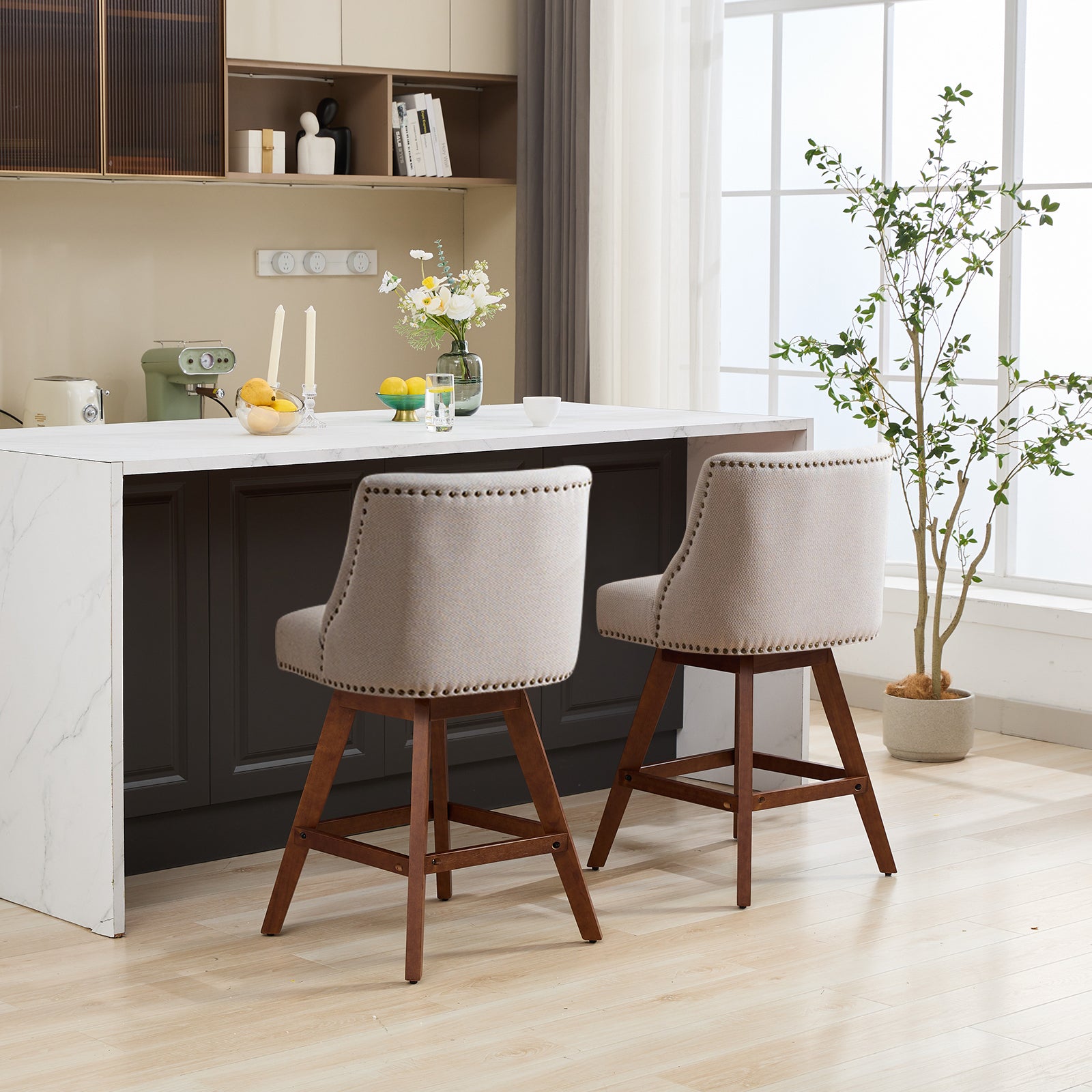 Counter Height Swivel Barstools, 26'' H Seat Height Upholstered Bar Stools Set of 2, Fabric in Ivory