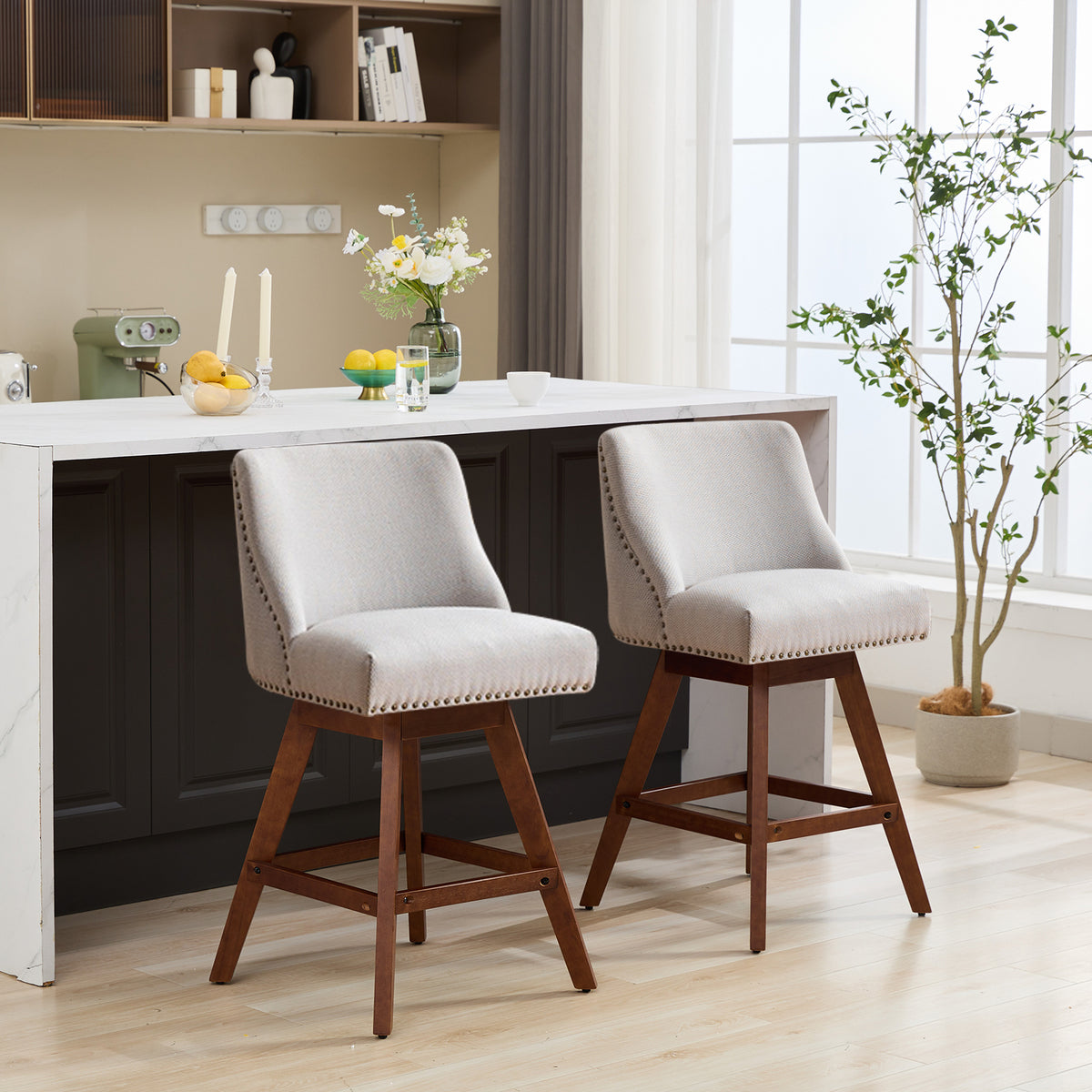 Counter Height Swivel Barstools, 26'' H Seat Height Upholstered Bar Stools Set of 2, Fabric in Ivory