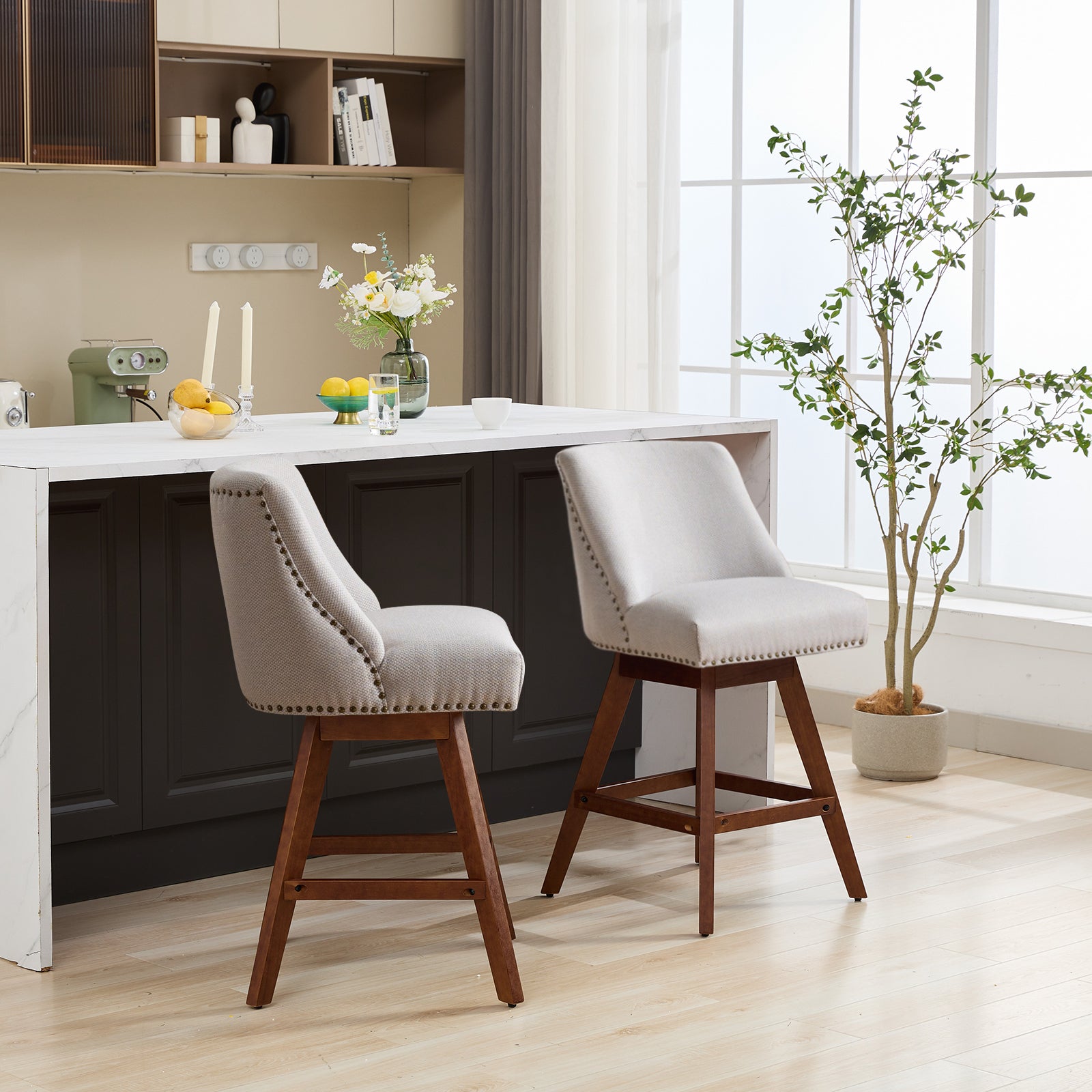 Counter Height Swivel Barstools, 26'' H Seat Height Upholstered Bar Stools Set of 2, Fabric in Ivory