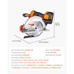 Cordless Circular Saw, 6-1/2 inch Blade, 4700 RPM Speed, 0-45 Degree Bevel Capability, Brushless Motor, LED Light, Electric Circular Saw Kit with Battery and Charger Included, for Wood Cutting