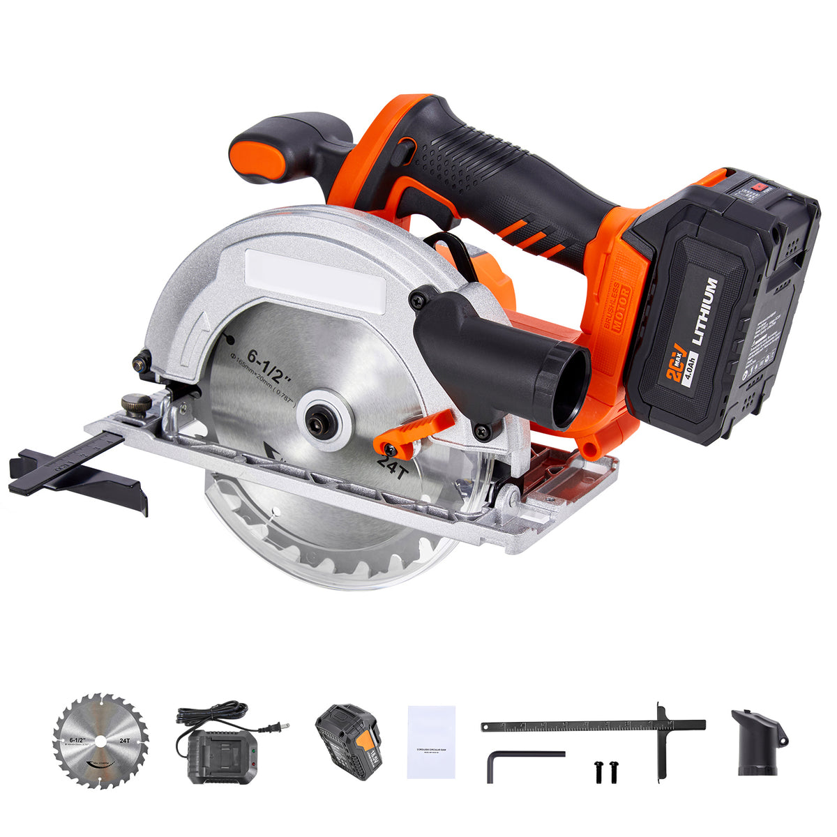 Cordless Circular Saw, 6-1/2 inch Blade, 4700 RPM Speed, 0-45 Degree Bevel Capability, Brushless Motor, LED Light, Electric Circular Saw Kit with Battery and Charger Included, for Wood Cutting