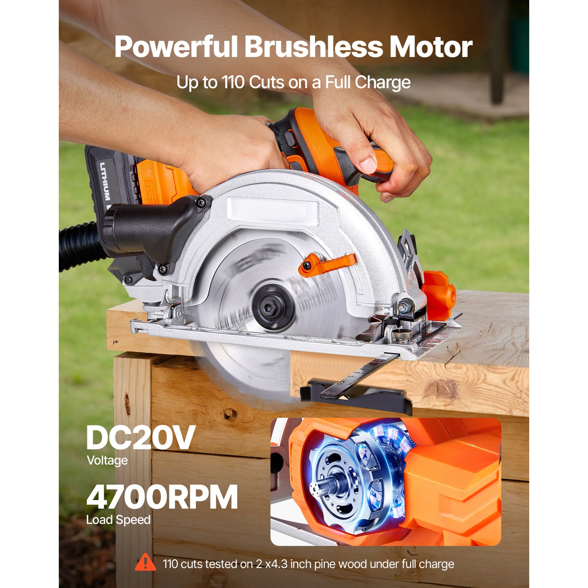 Cordless Circular Saw, 6-1/2 inch Blade, 4700 RPM Speed, 0-45 Degree Bevel Capability, Brushless Motor, LED Light, Electric Circular Saw Kit with Battery and Charger Included, for Wood Cutting