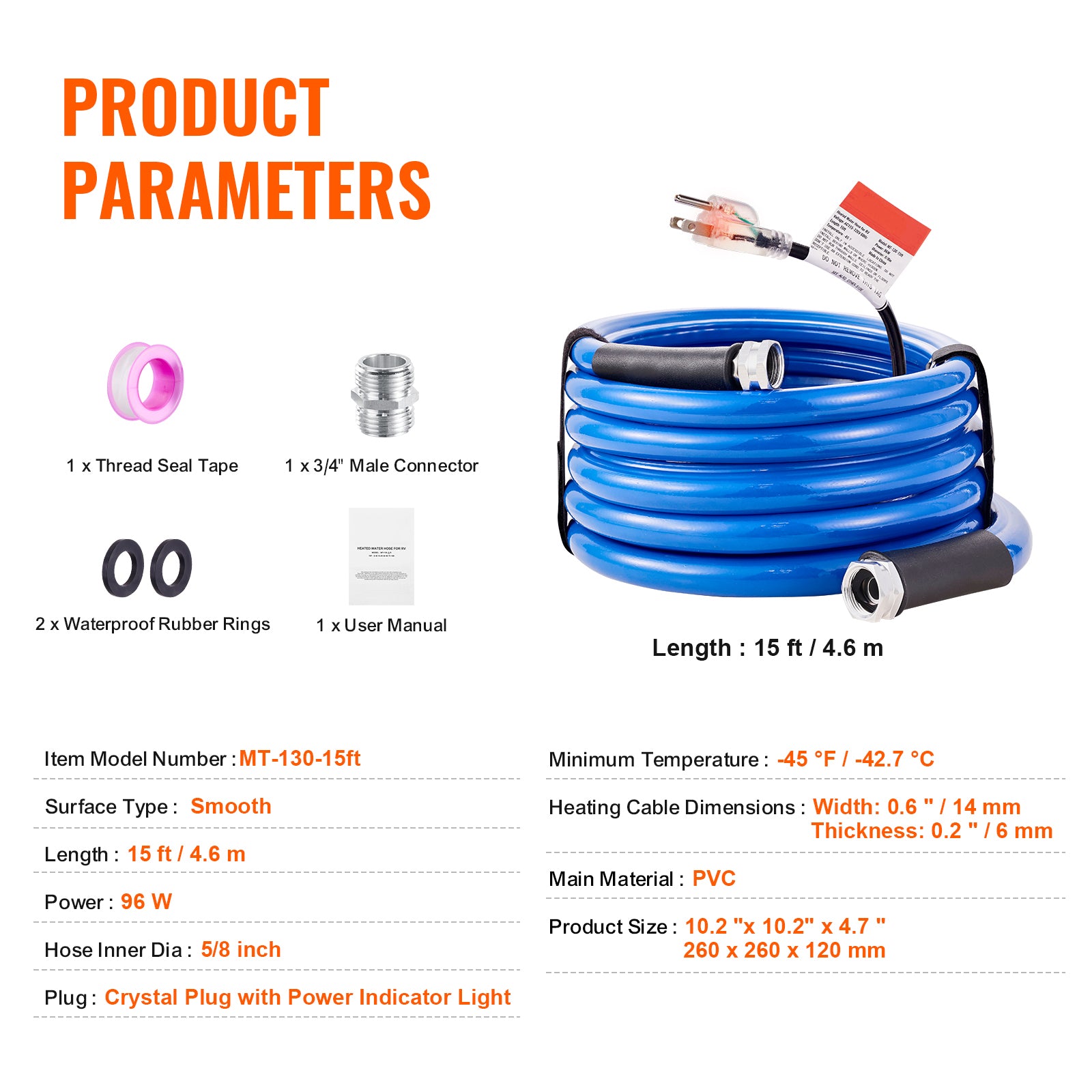 15ft Heated Water Hose for RV, Heated Drinking Water Hose Antifreeze to -45°F, Automatic Self-regulating, 5/8" I.D. with 3/4" GHT Adapter, Lead and BPA Free
