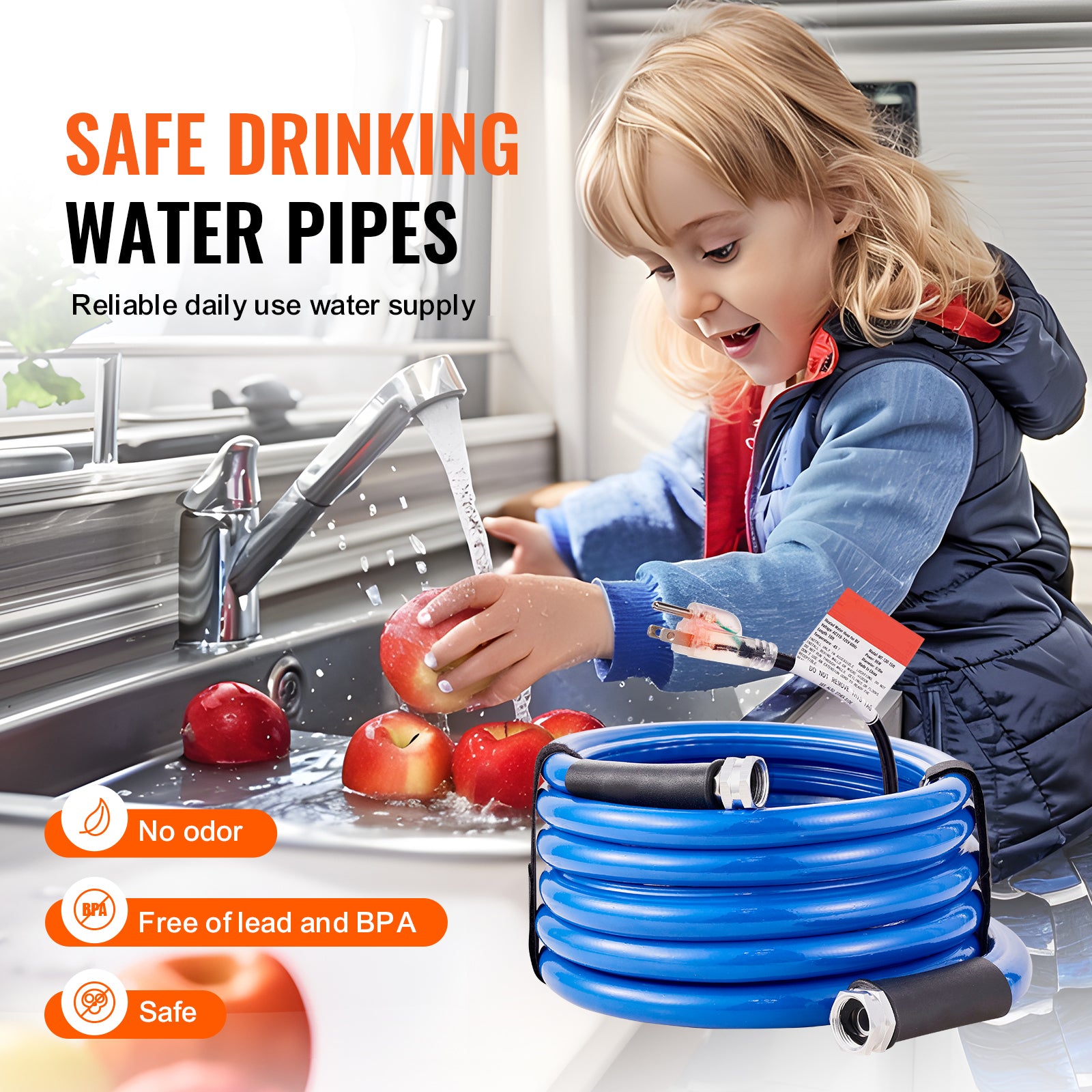15ft Heated Water Hose for RV, Heated Drinking Water Hose Antifreeze to -45°F, Automatic Self-regulating, 5/8" I.D. with 3/4" GHT Adapter, Lead and BPA Free