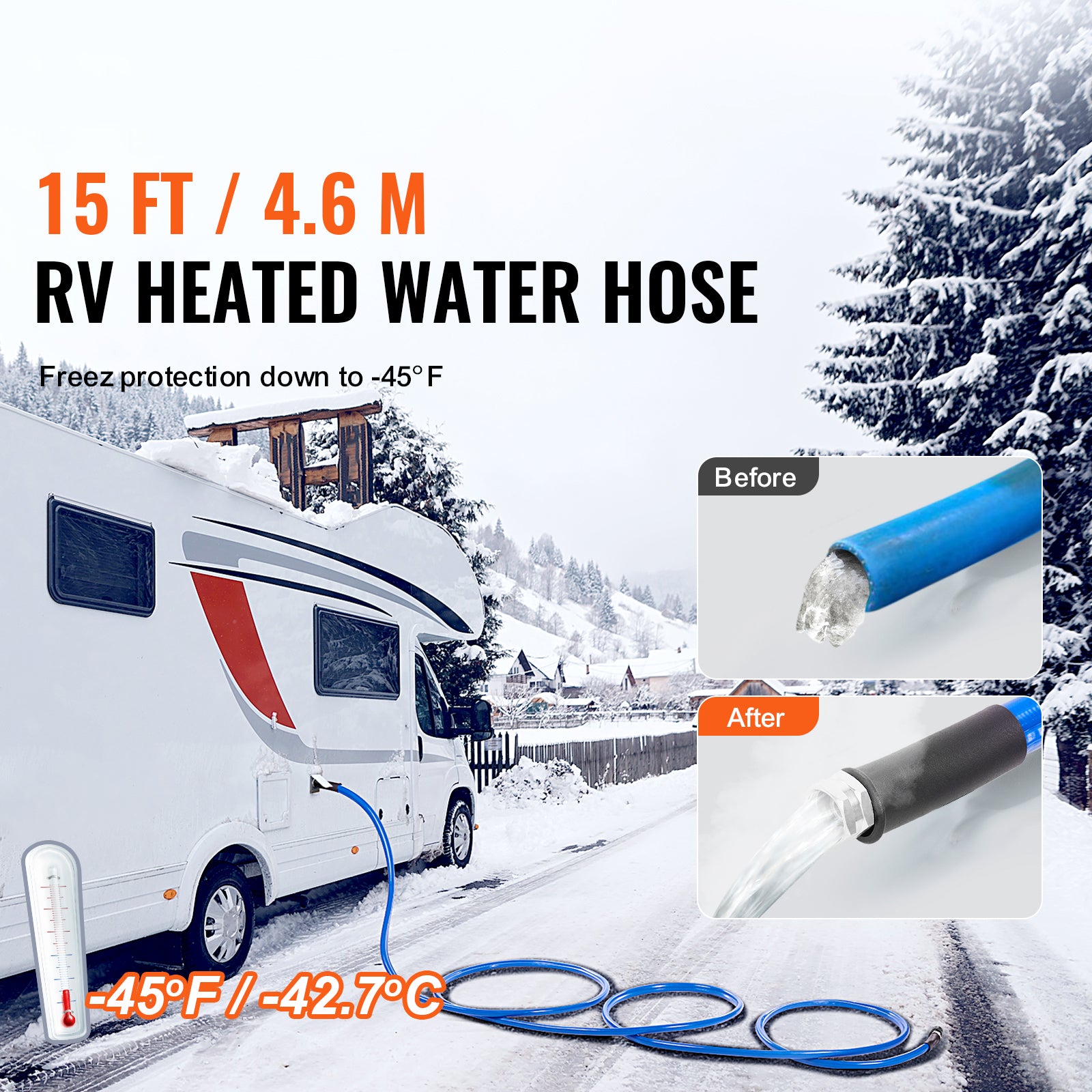 15ft Heated Water Hose for RV, Heated Drinking Water Hose Antifreeze to -45°F, Automatic Self-regulating, 5/8" I.D. with 3/4" GHT Adapter, Lead and BPA Free