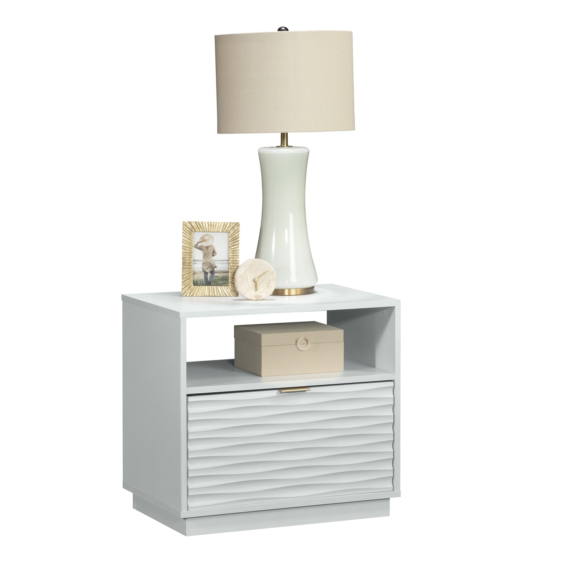 Coastal Night Stand Spacious Drawer and Open Shelf , White finish