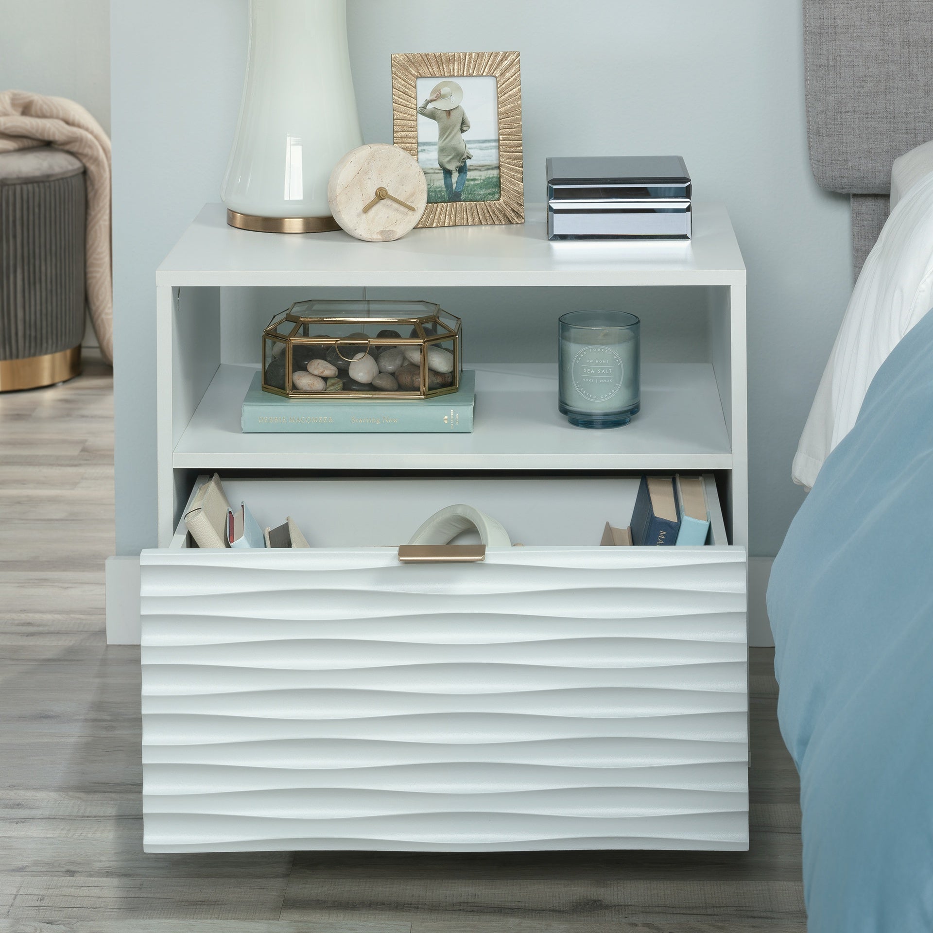 Coastal Night Stand Spacious Drawer and Open Shelf , White finish