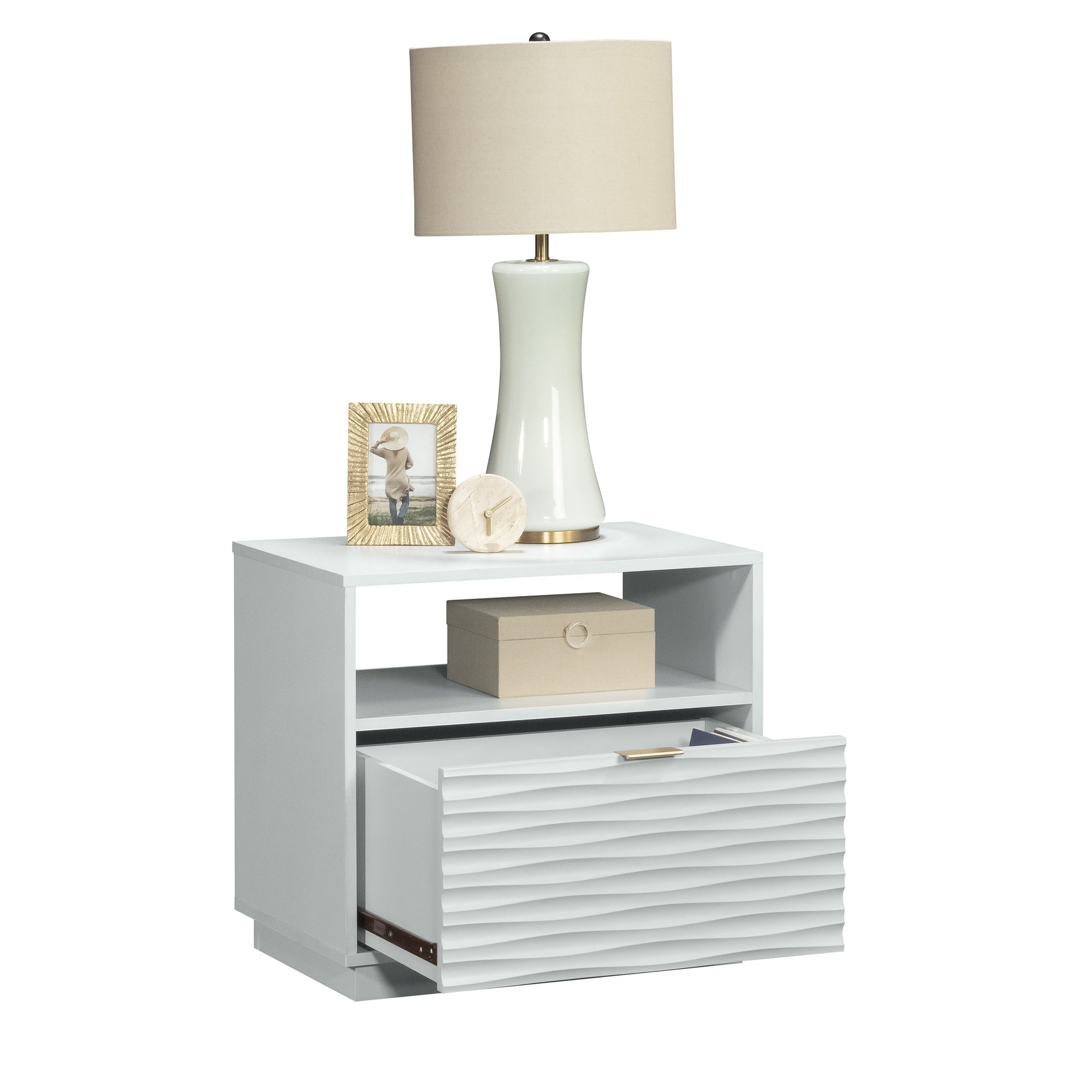 Coastal Night Stand Spacious Drawer and Open Shelf , White finish