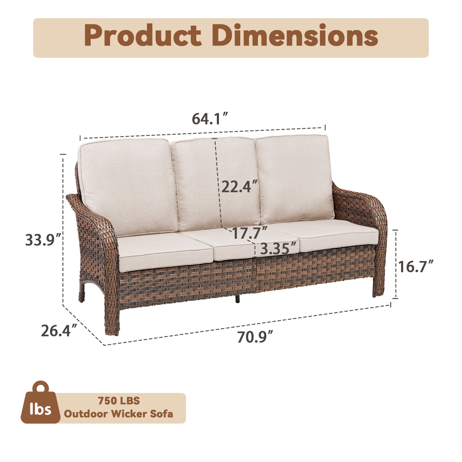 70.9" PE Wicker Rattan Outdoor Furniture Set, 3 Seat Sofa with Beige Deep Seat Cushions