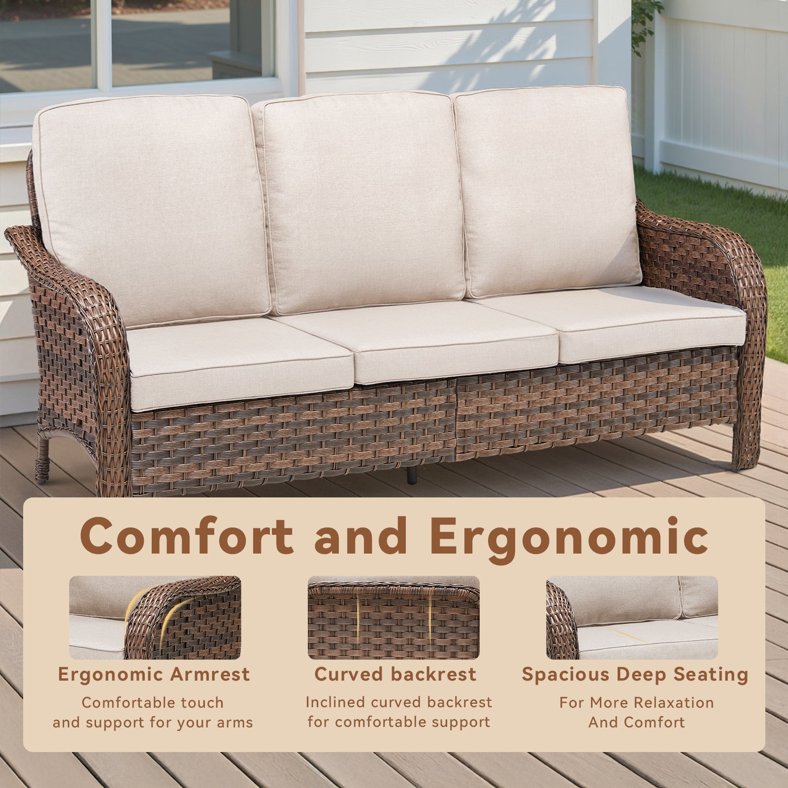 70.9" PE Wicker Rattan Outdoor Furniture Set, 3 Seat Sofa with Beige Deep Seat Cushions