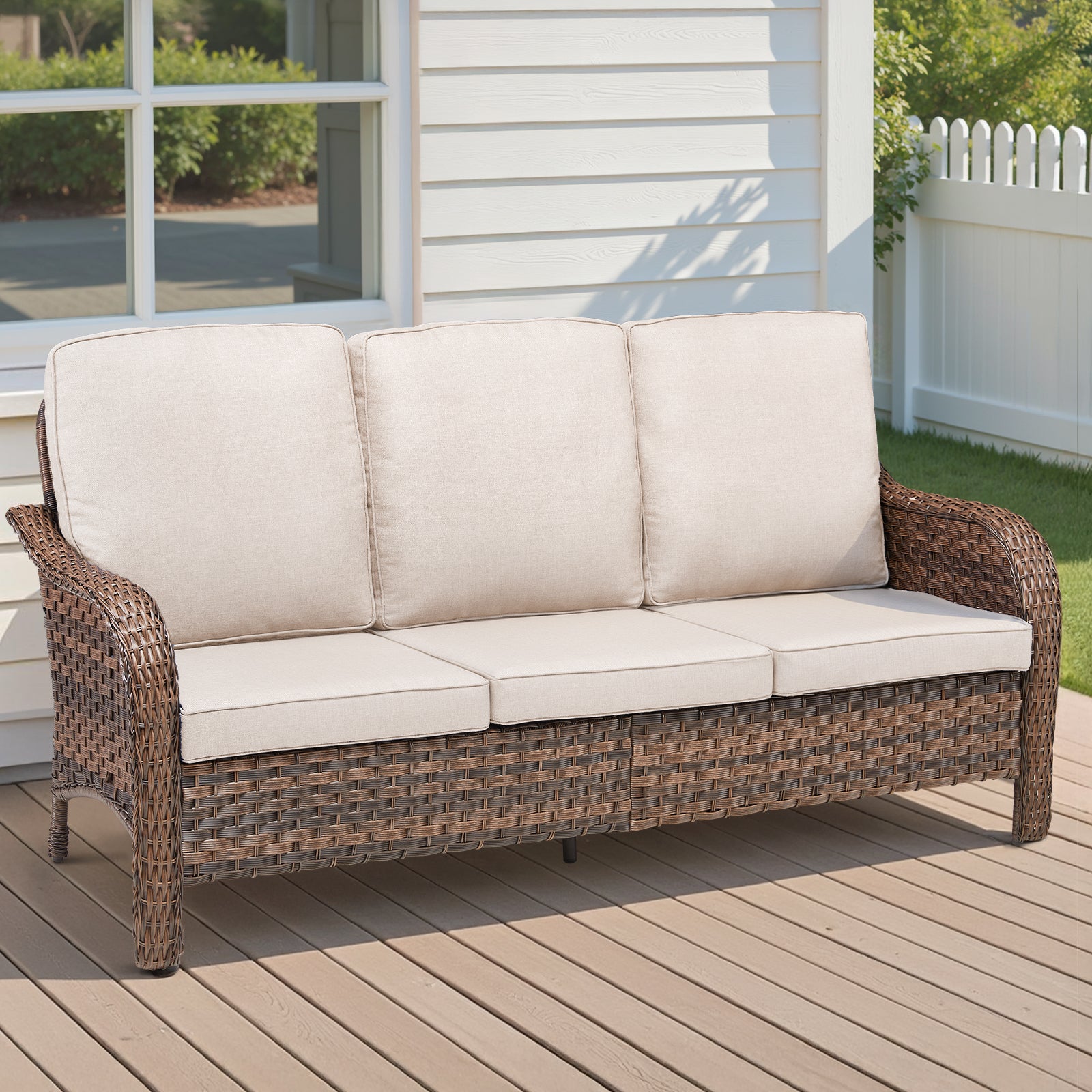 70.9" PE Wicker Rattan Outdoor Furniture Set, 3 Seat Sofa with Beige Deep Seat Cushions