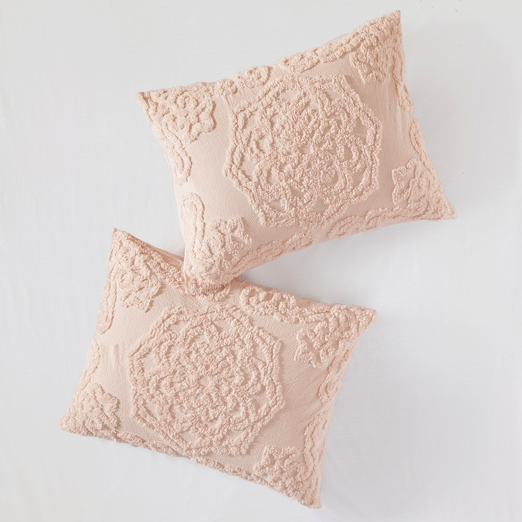 Tufted Cotton Chenille Medallion Fringe Coverlet Mini Set Blush Full/Queen