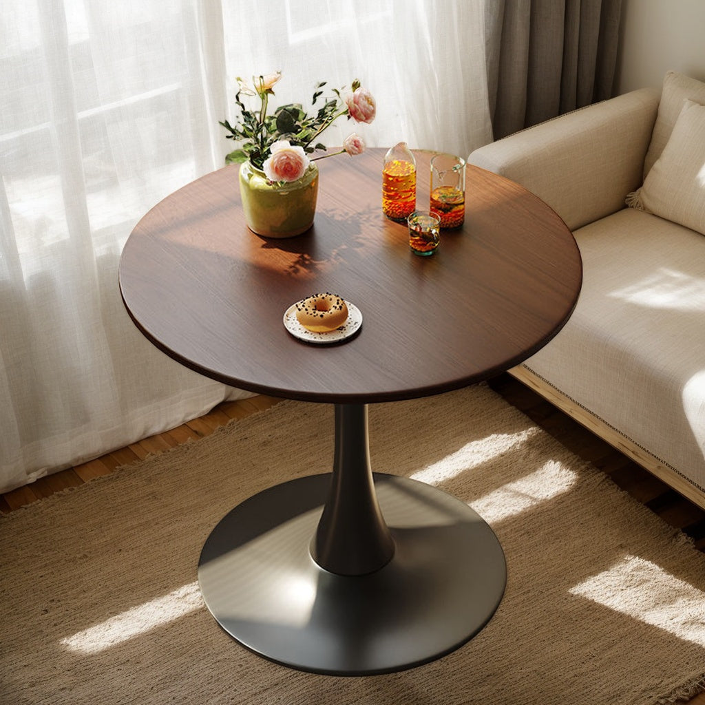Walnut Round Table, Modern Dining Table, Dining Table, MDF Top and Steel Base Tulip Round Kitchen Table, Kitchen Table, Mid Century Coffee Table for Living Room 24 Inch, Oval Dining Table