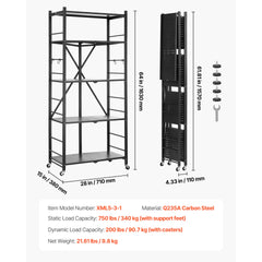 Folding Storage Shelf with Wheels 5-Tier Metal Shelving Unit Black