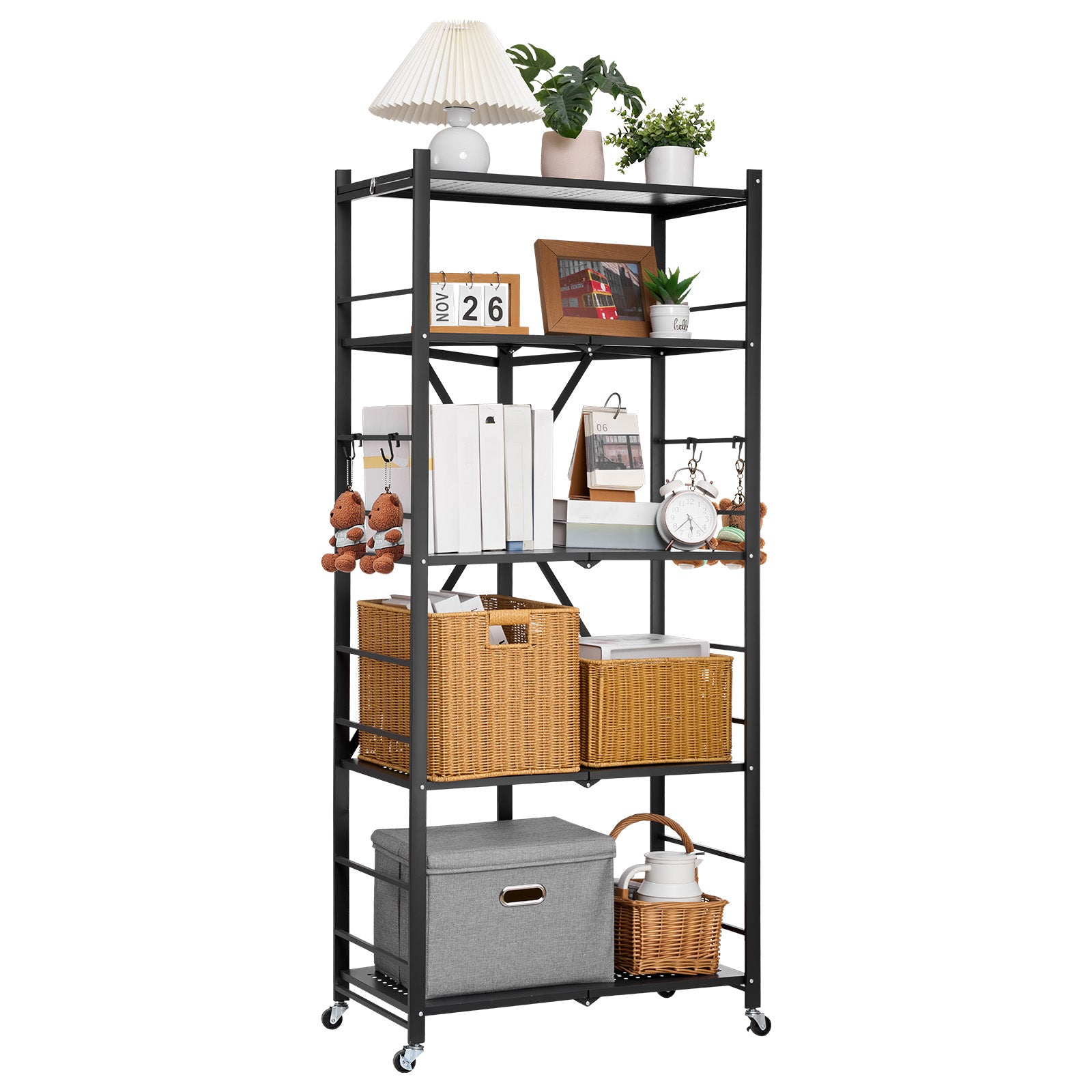 Folding Storage Shelf with Wheels 5-Tier Metal Shelving Unit Black