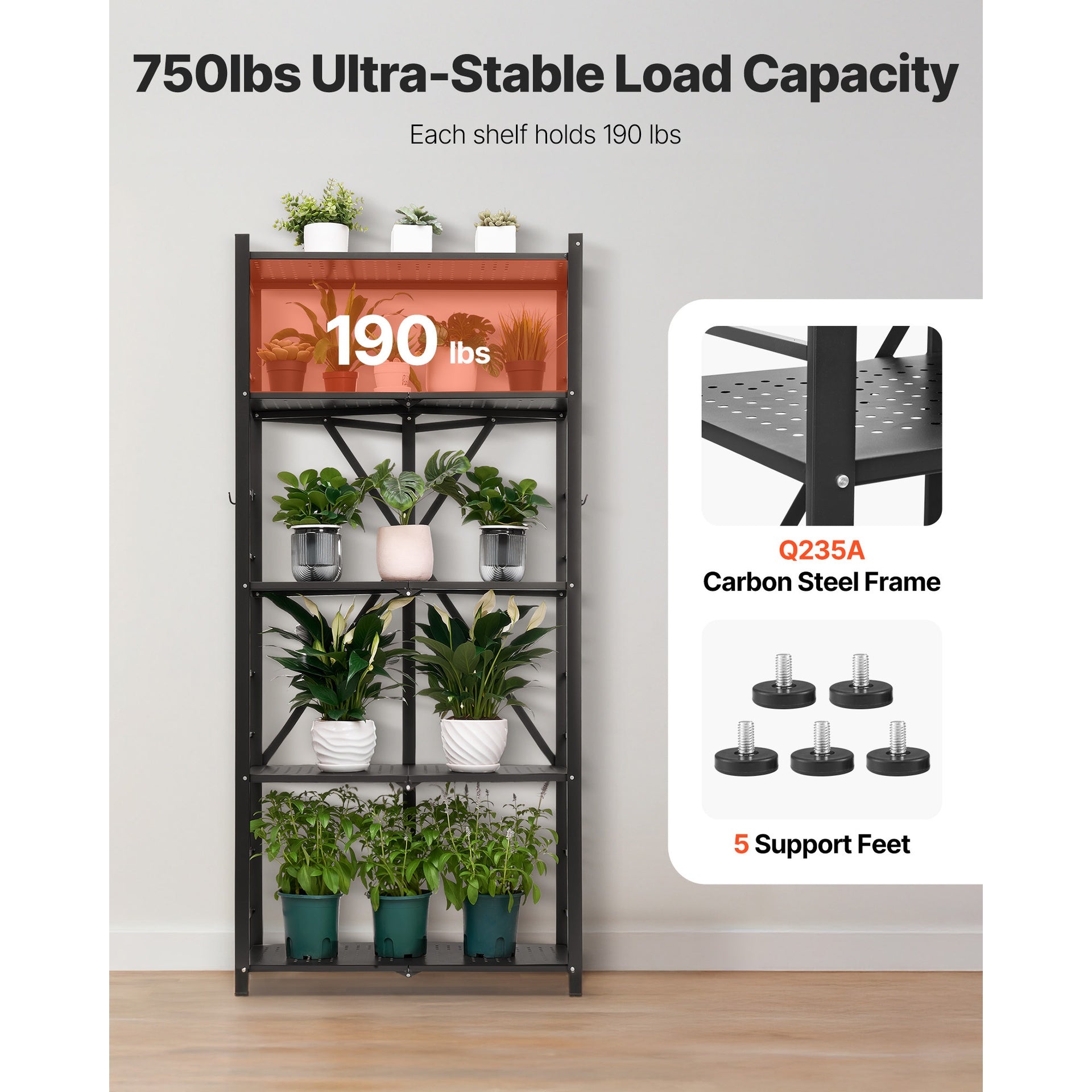 Folding Storage Shelf with Wheels 5-Tier Metal Shelving Unit Black