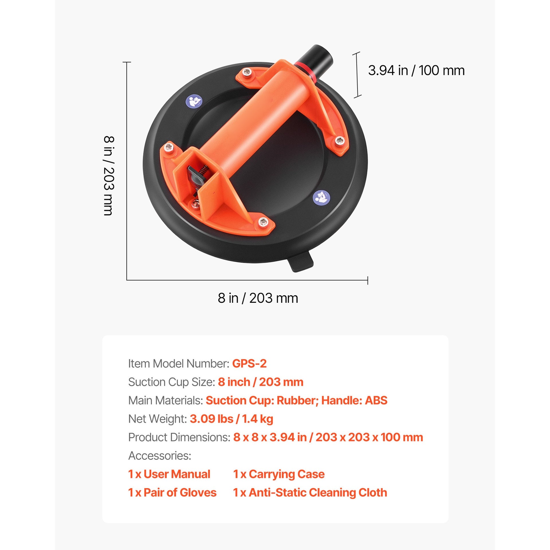 Vacuum Suction Cup, 8-Inch Vacuum Glass Lifter with ABS Handle, 400 lbs Max Lifting Capacity Tile Suction Cup Tool with Carrying Case for Lifting Large Tile, Granite, Drywall, Windows (2-Pack)