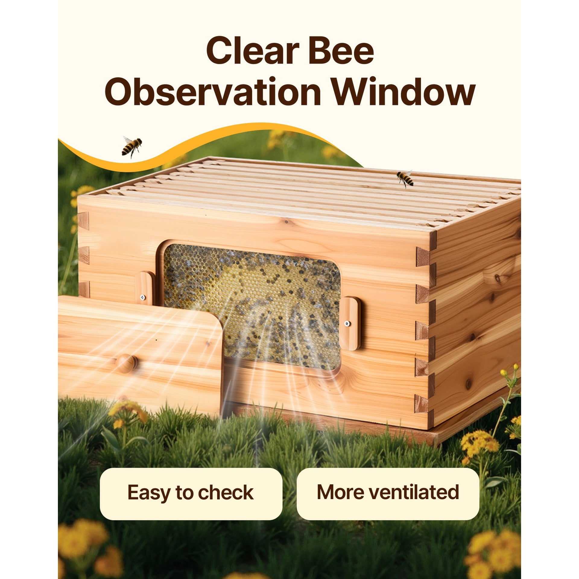 Bee Hive Deep Box Starter Kit, 100% Beeswax Coated Natural Cedar Wood, Langstroth Beehive Kit with 10 Frames and Foundations, Transparent Acrylic Bee Windows for Beginners and Pro Beekeepers