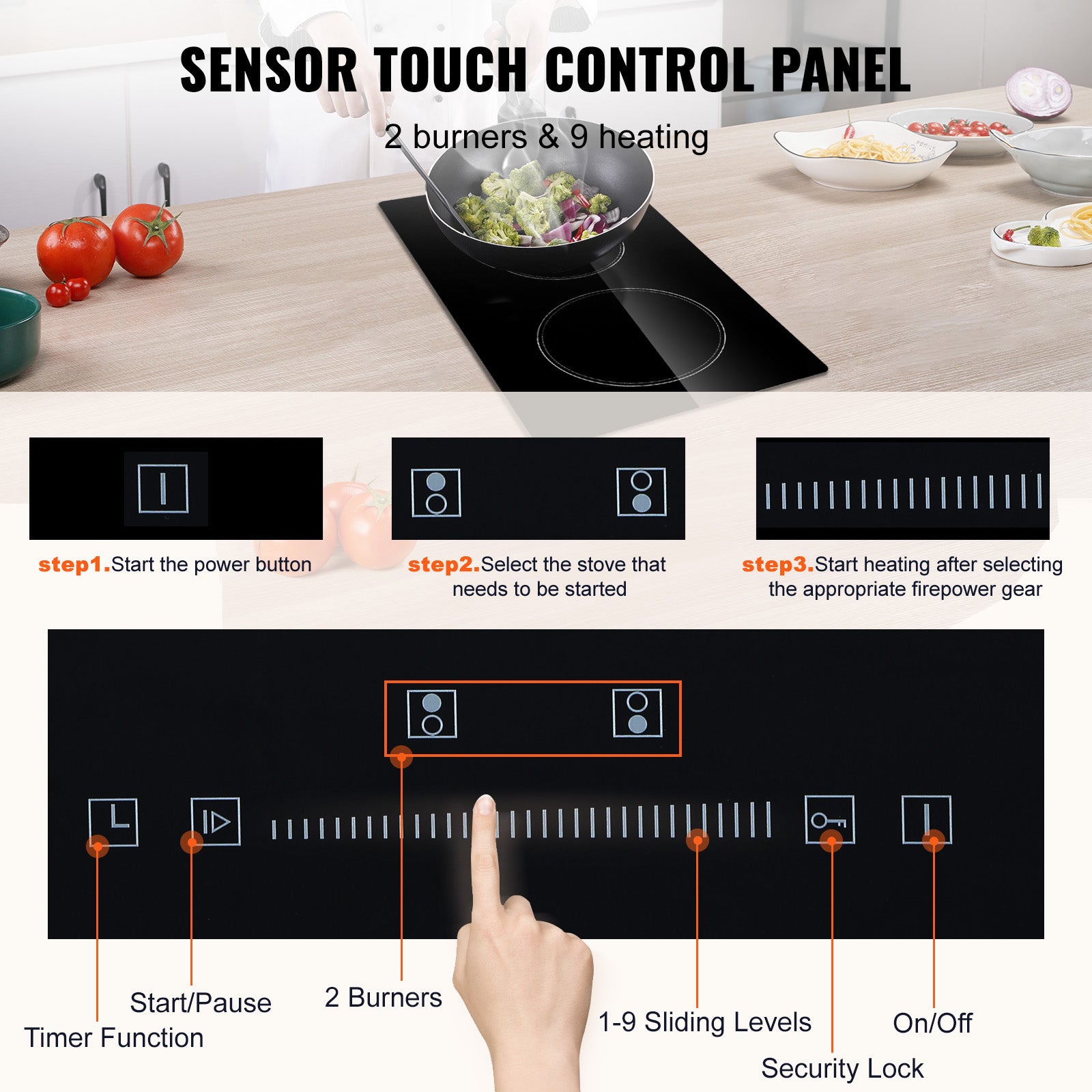 Built in Electric Stove Top, 20 x 11.6 inch 2 Burners, 110V Glass Radiant Cooktop with Sensor Touch Control, Timer & Child Lock Included, 9 Power Levels for Simmer Steam Slow Cook Fry
