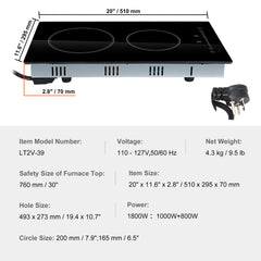 Built in Electric Stove Top, 20 x 11.6 inch 2 Burners, 110V Glass Radiant Cooktop with Sensor Touch Control, Timer & Child Lock Included, 9 Power Levels for Simmer Steam Slow Cook Fry