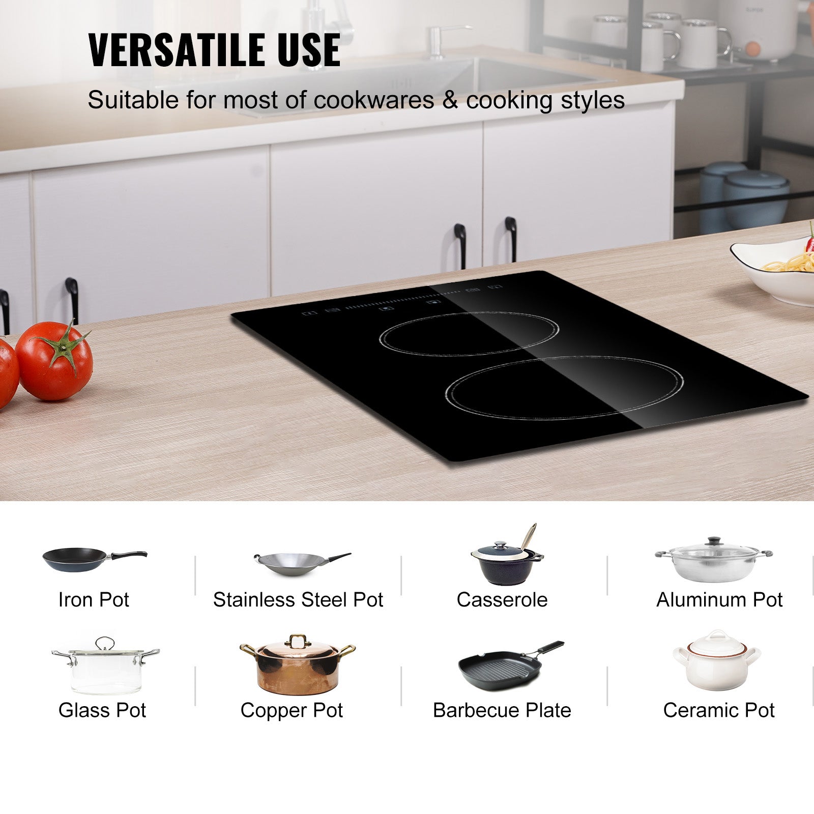 Built in Electric Stove Top, 20 x 11.6 inch 2 Burners, 110V Glass Radiant Cooktop with Sensor Touch Control, Timer & Child Lock Included, 9 Power Levels for Simmer Steam Slow Cook Fry