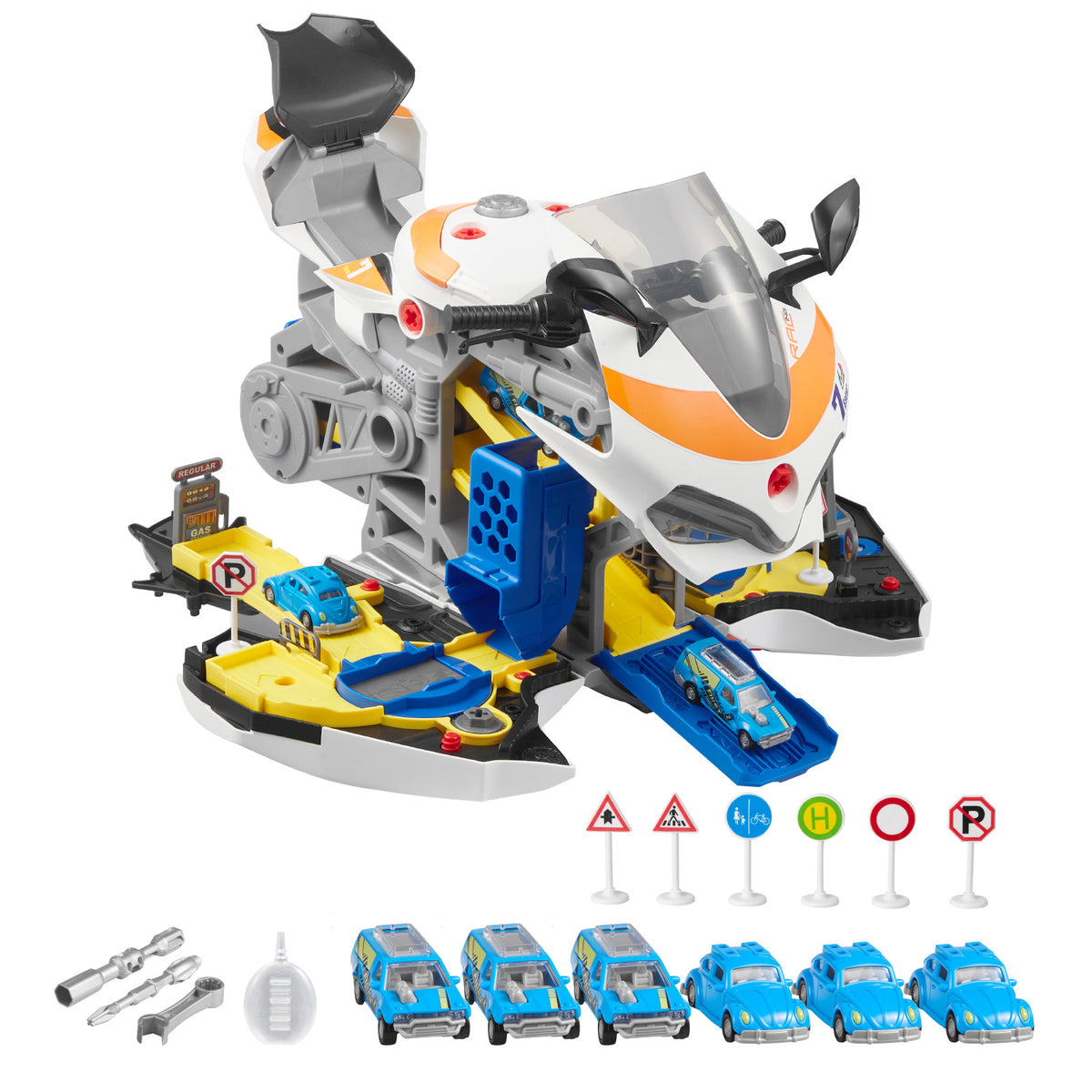 Motorcycle Engine Toy, 25 Pieces, Motorcycle Mechanic Toy with Removable Parts, Lights & Sounds, Simulated Riding & Track Racing, Kids Mechanic Workshop Set for Toddler 3 Years and Up, Yellow