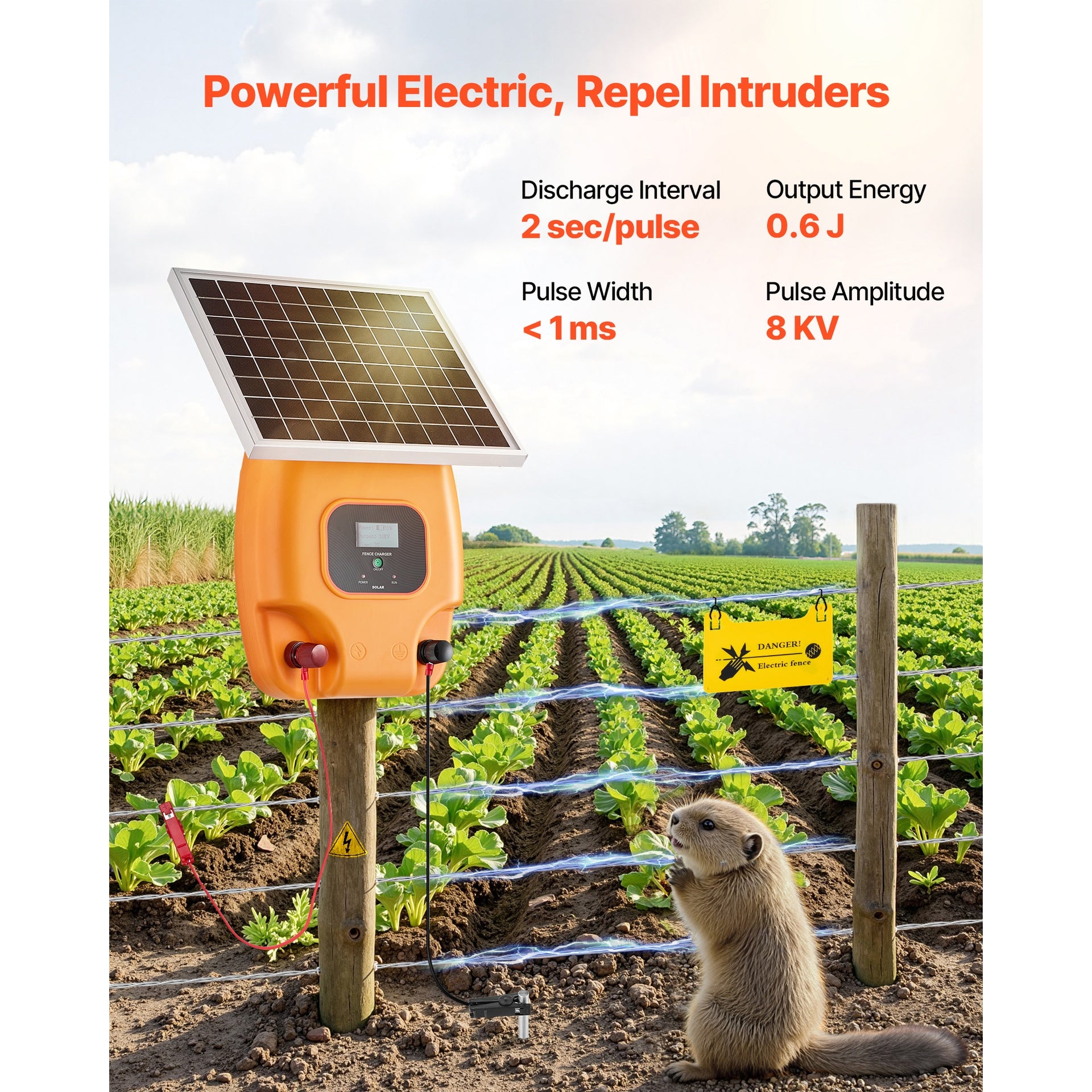 0.3J 8kV Solar Fence Charger 1.86 Miles Electric Fence Energizer for Livestock