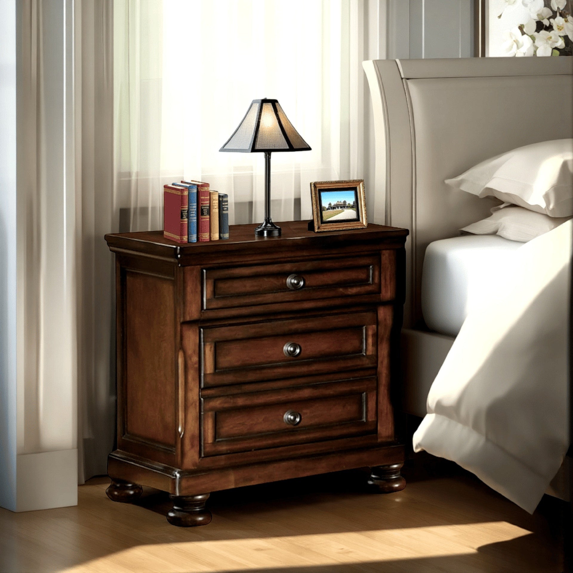 Classic Wooden Night Stand with 2 Drawers Brown