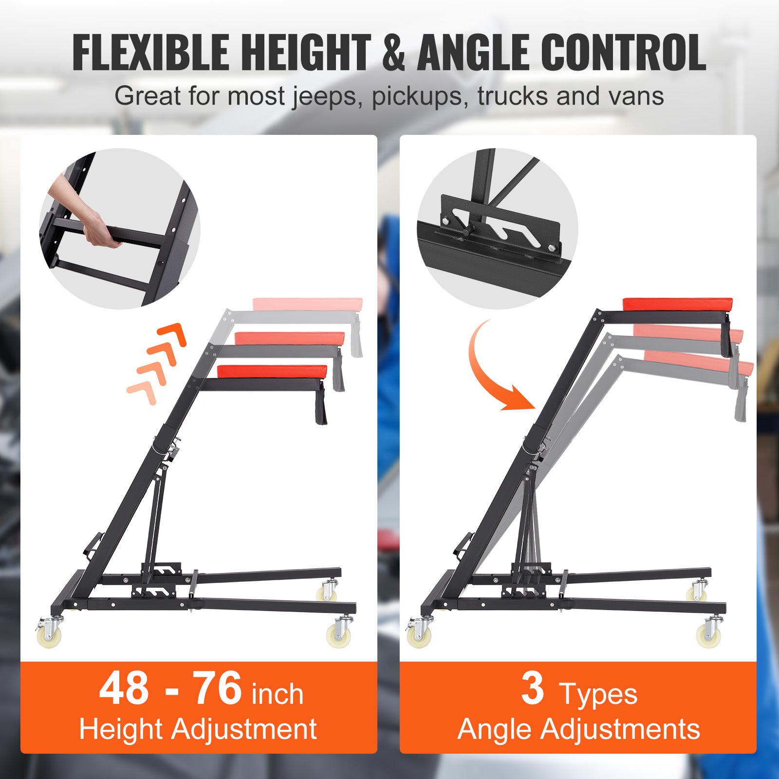 Automotive Top Creeper, with Adjustable Height 48" to 76", 400 LBS Capacity High Creeper, 4 Swivel Caster Wheels, Heavy Duty Creeper for Auto Repair and Maintenance