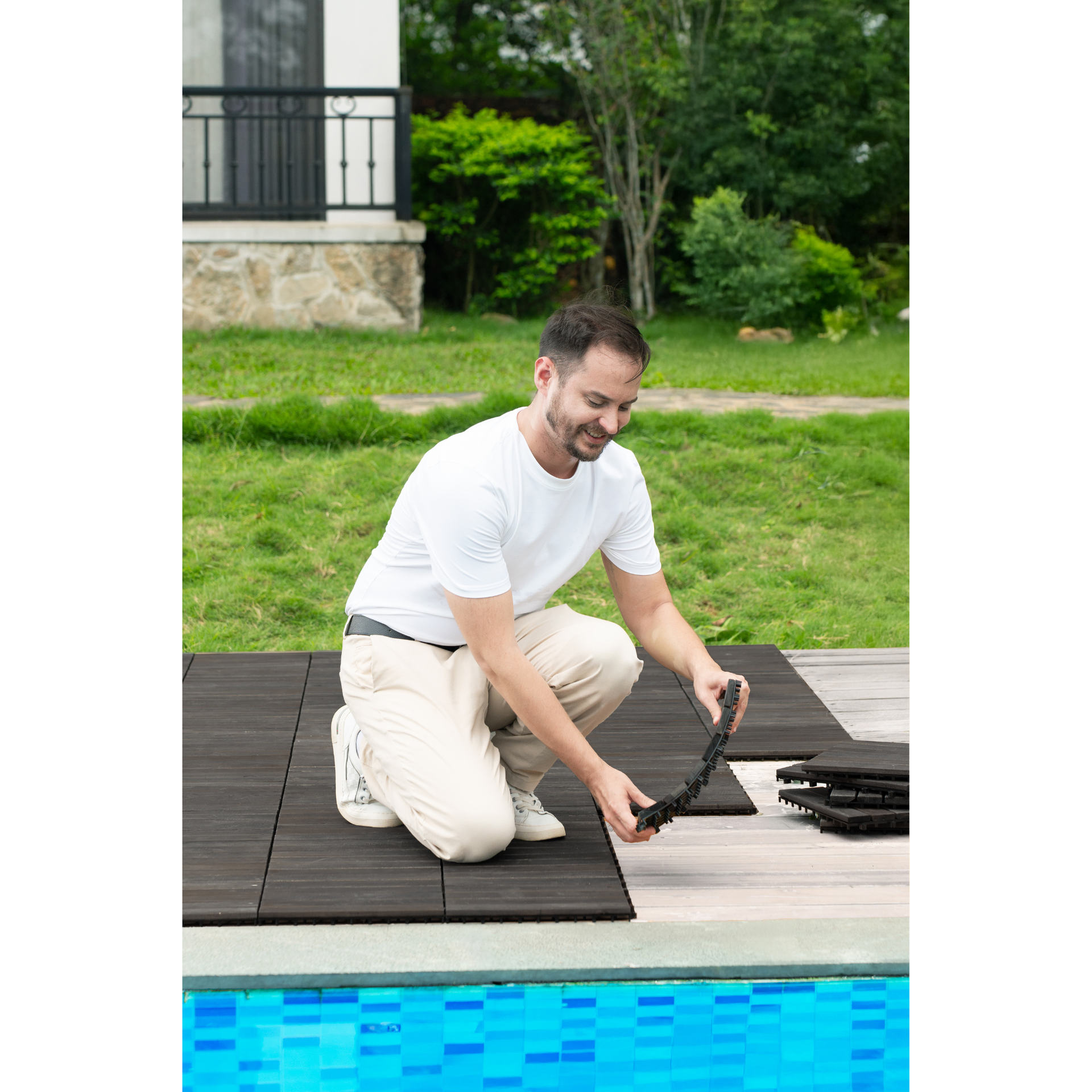 30 PCS Interlocking Deck Tiles Striped Pattern, 12" x 12" Dark Brown Square Acacia Hardwood Outdoor Flooring for Patio, Bancony, Pool Side,...