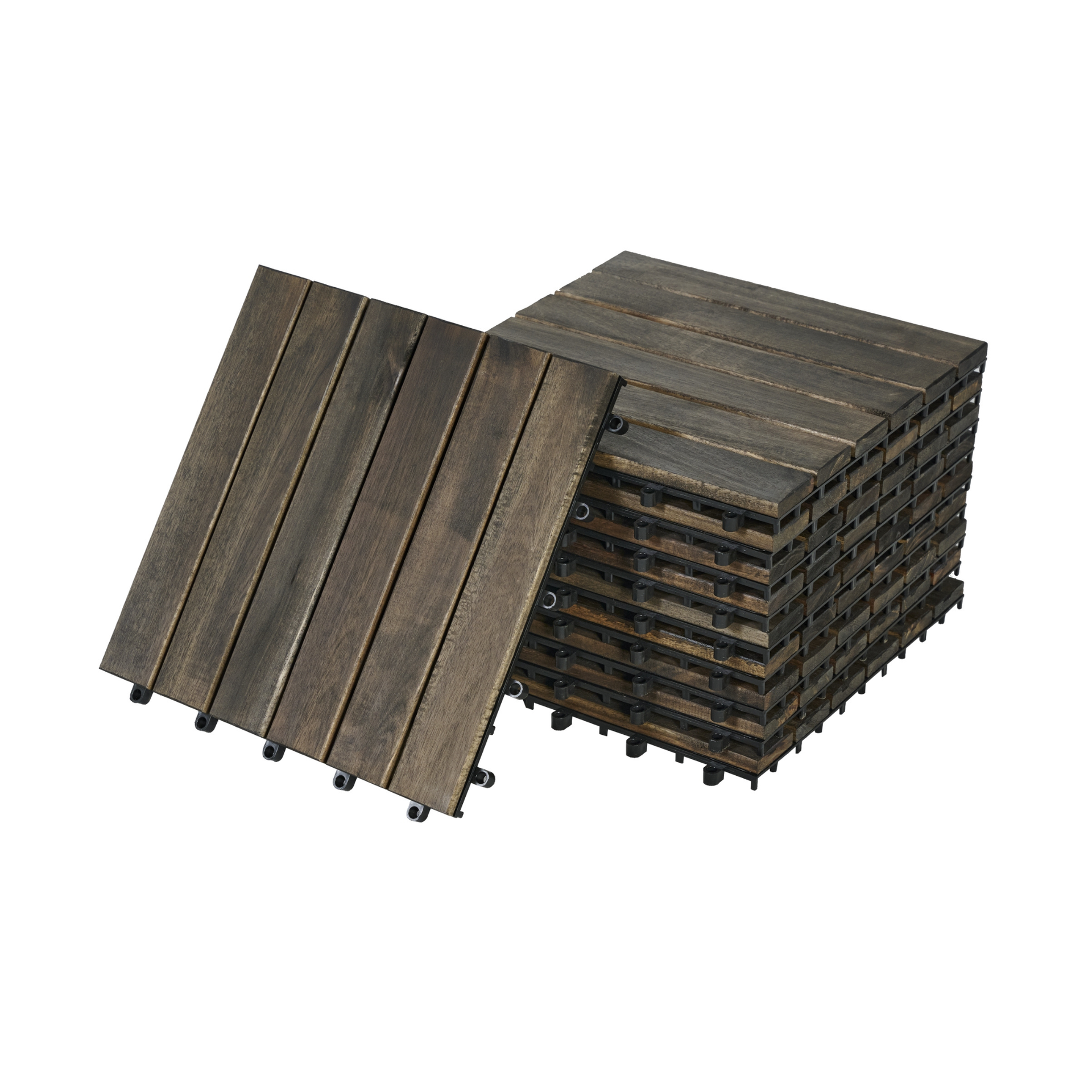 30 PCS Interlocking Deck Tiles Striped Pattern, 12" x 12" Dark Brown Square Acacia Hardwood Outdoor Flooring for Patio, Bancony, Pool Side,...