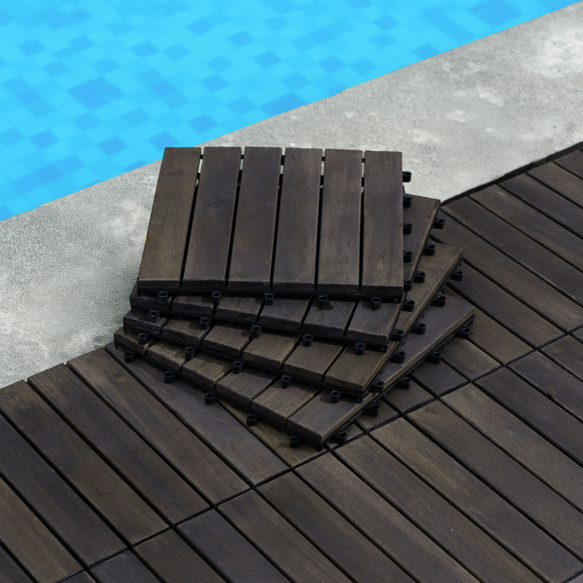 30 PCS Interlocking Deck Tiles Striped Pattern, 12" x 12" Dark Brown Square Acacia Hardwood Outdoor Flooring for Patio, Bancony, Pool Side,...