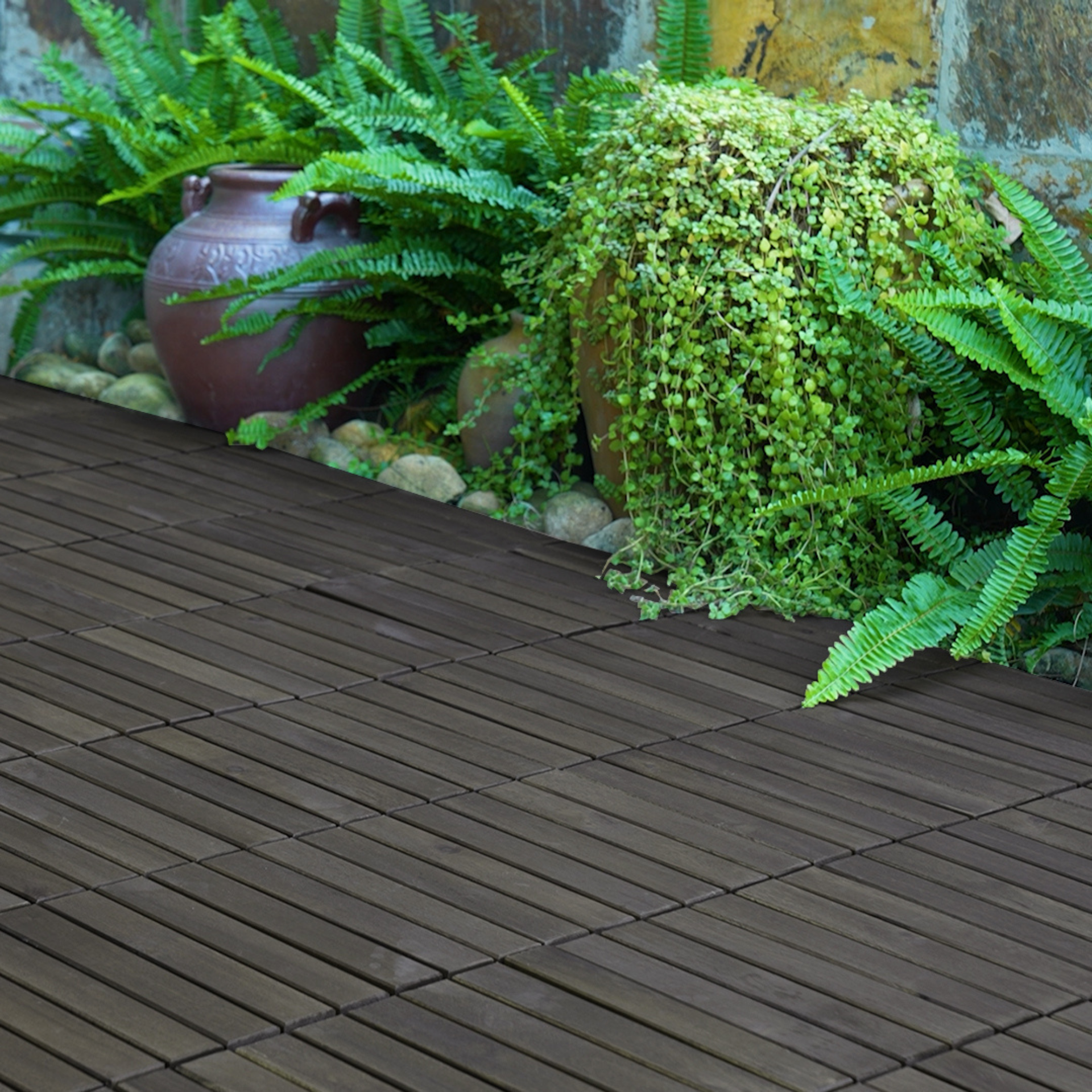30 PCS Interlocking Deck Tiles Striped Pattern, 12" x 12" Dark Brown Square Acacia Hardwood Outdoor Flooring for Patio, Bancony, Pool Side,...