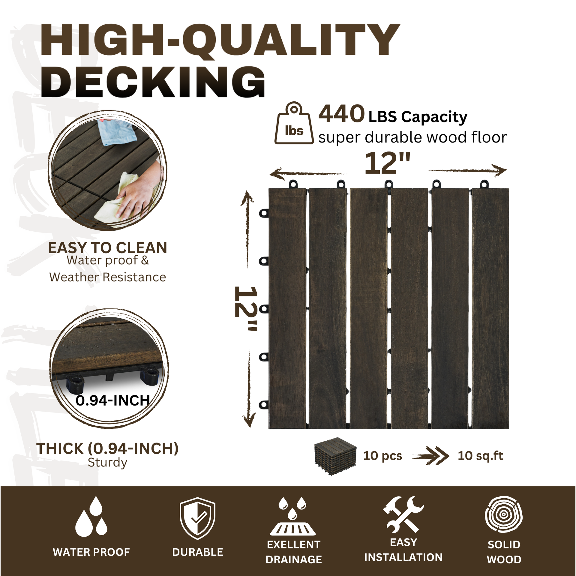 30 PCS Interlocking Deck Tiles Striped Pattern, 12" x 12" Dark Brown Square Acacia Hardwood Outdoor Flooring for Patio, Bancony, Pool Side,...