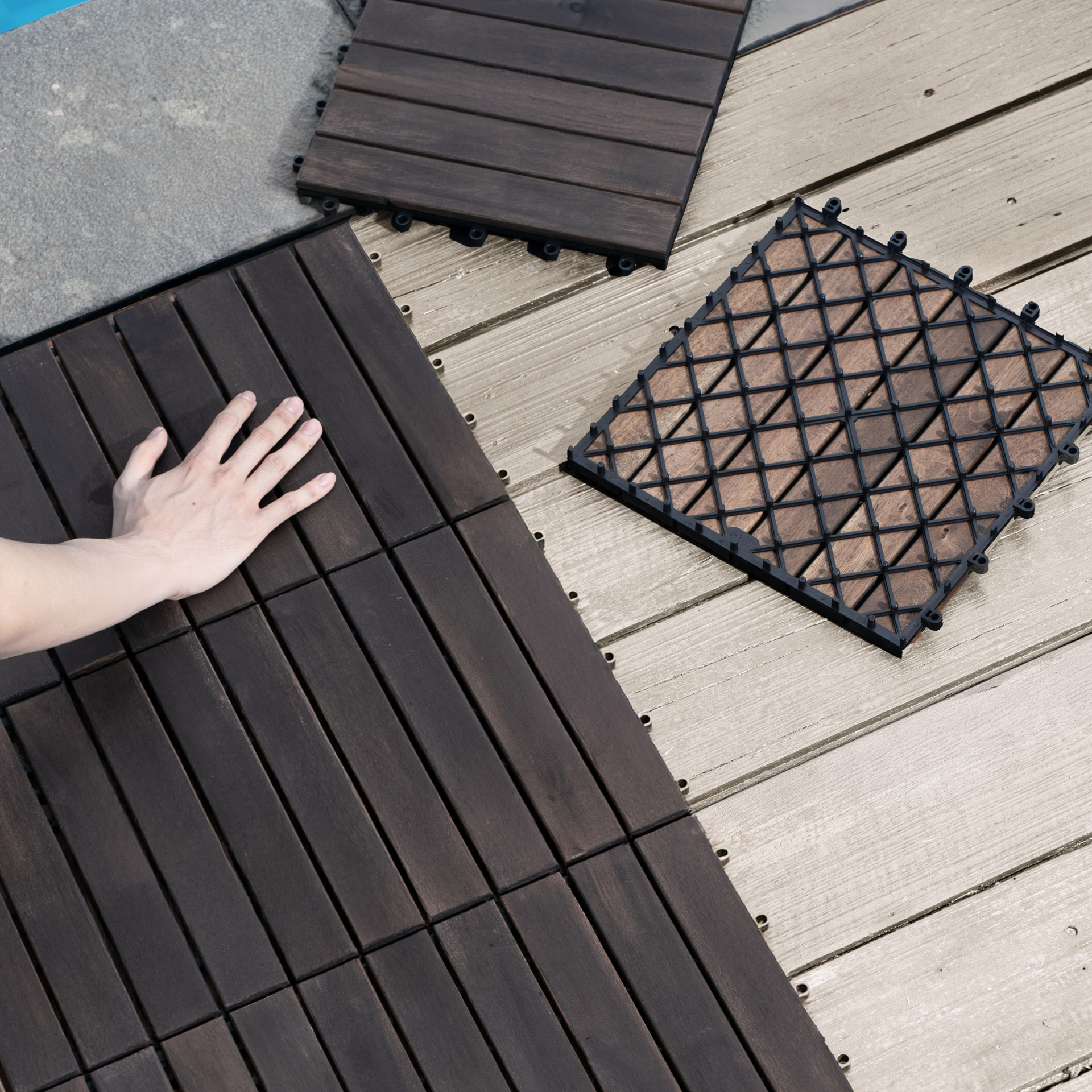 30 PCS Interlocking Deck Tiles Striped Pattern, 12" x 12" Dark Brown Square Acacia Hardwood Outdoor Flooring for Patio, Bancony, Pool Side,...