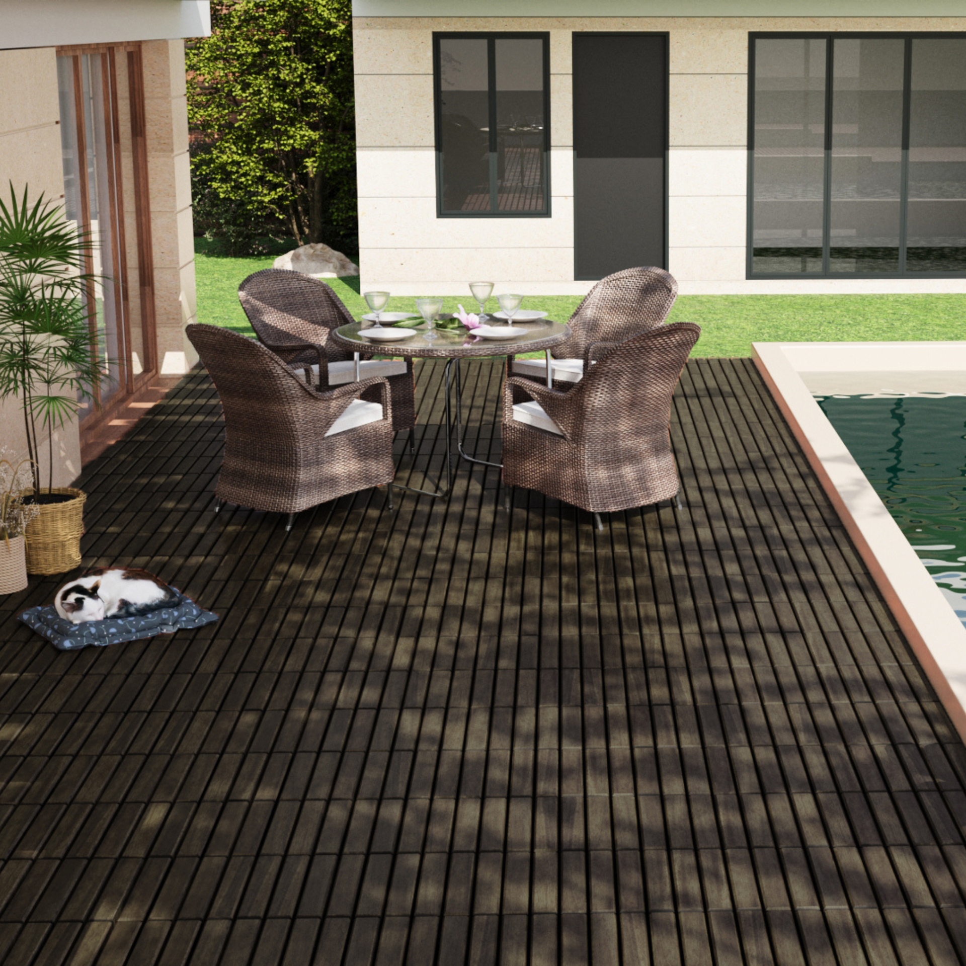 30 PCS Interlocking Deck Tiles Striped Pattern, 12" x 12" Dark Brown Square Acacia Hardwood Outdoor Flooring for Patio, Bancony, Pool Side,...