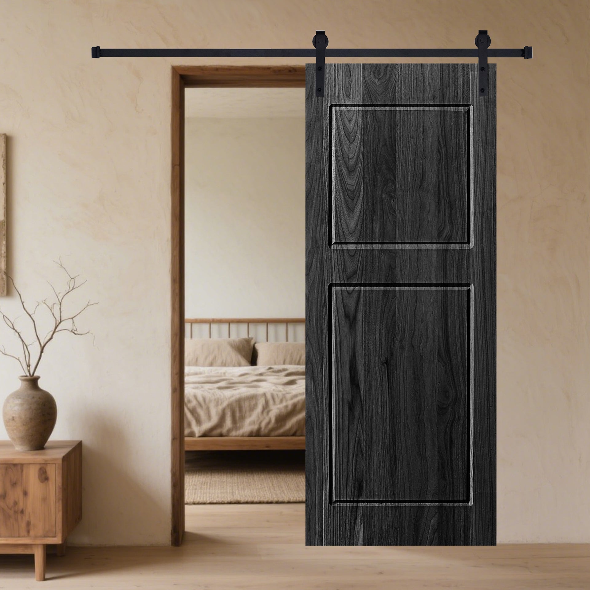 Modern 2-Panel 30 in. x 96 in. Wood Black Barn Sliding Door With Hardware kit